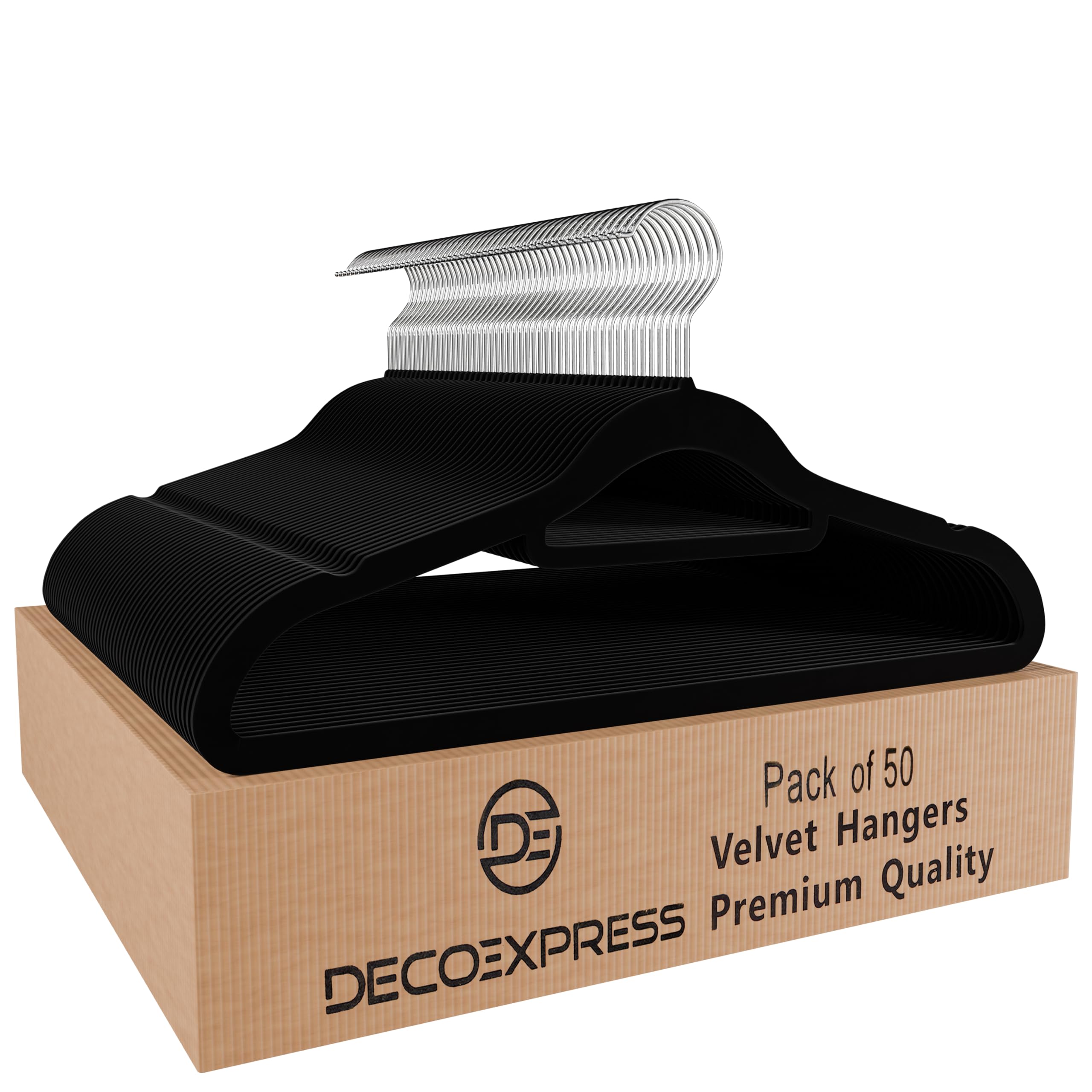 DECO EXPRESS Velvet Hangers, Multipack Non Slip Coat Hangers with 360° Swivel Hooks, Space Saving Wardrobe Organiser for Kids & Adults Clothes (Black, 50 Pack)