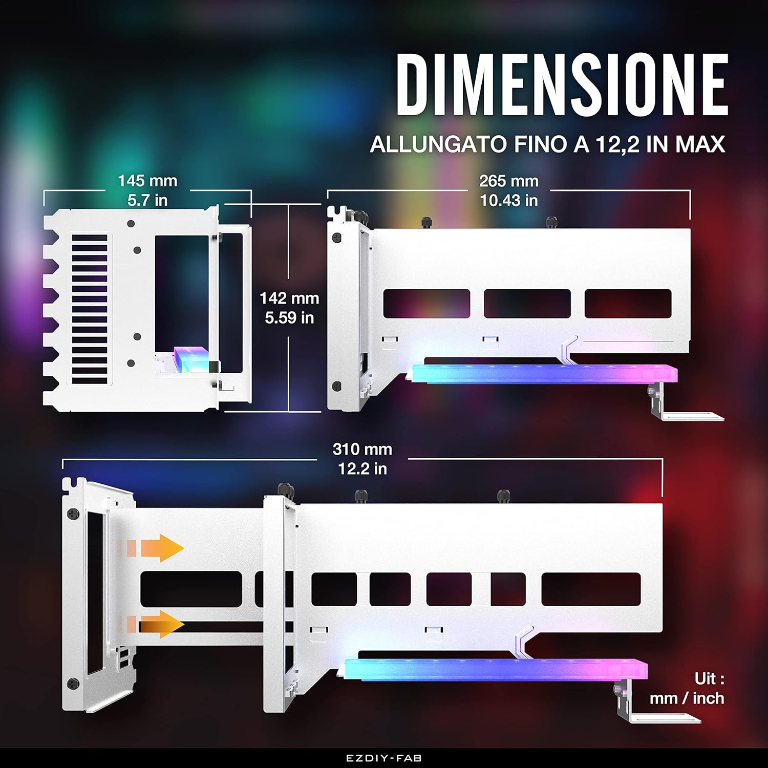 EZDIY-FAB Supporto Verticale per GPU PCIe 4.0 Schede Grafiche con Modulo LED ARGB 5V 3Pin,kit di Supporto per Schede VGA con Cavo Riser PCIe 4.0 X16 Gen4 17 cm/6.69in ad Angolo Retto 90 Gradi-Bianco