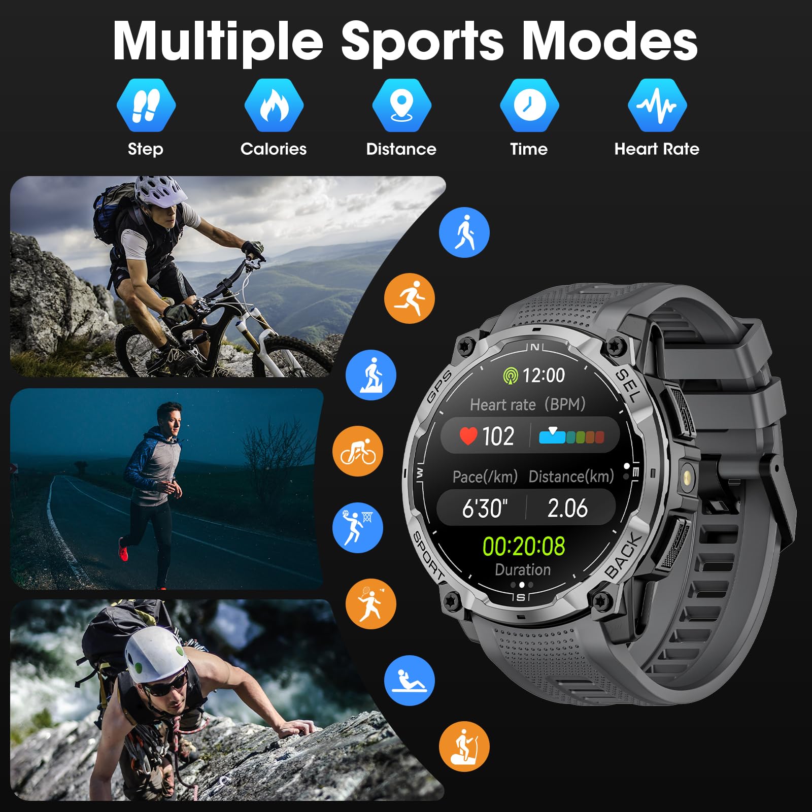 Montre intelligente militaire pour homme avec GPS, montre tactique AMOLED HD de 3,6 cm avec appel Bluetooth, lampe de poche LED, boussole, plus de 100 modes de sport, traqueur de fitness