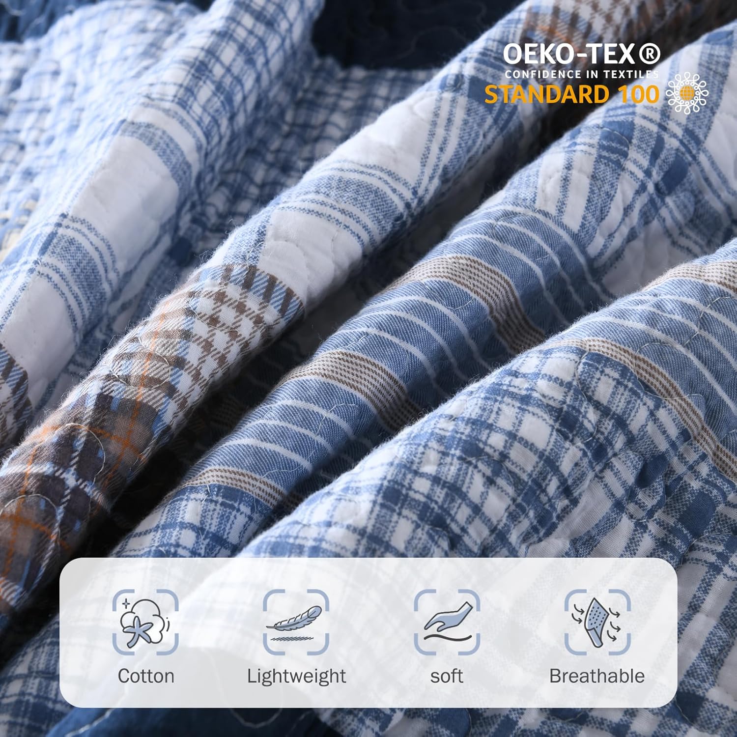 Y-PLWOMEN Queen Quilt - 100% Cotton Reversible Farmhouse Striped Bedspread, Lightweight Cozy Modern Country Bedding for All Seasons, Blue, 3 Piece (1 Quilt + 2 Pillow Shams)