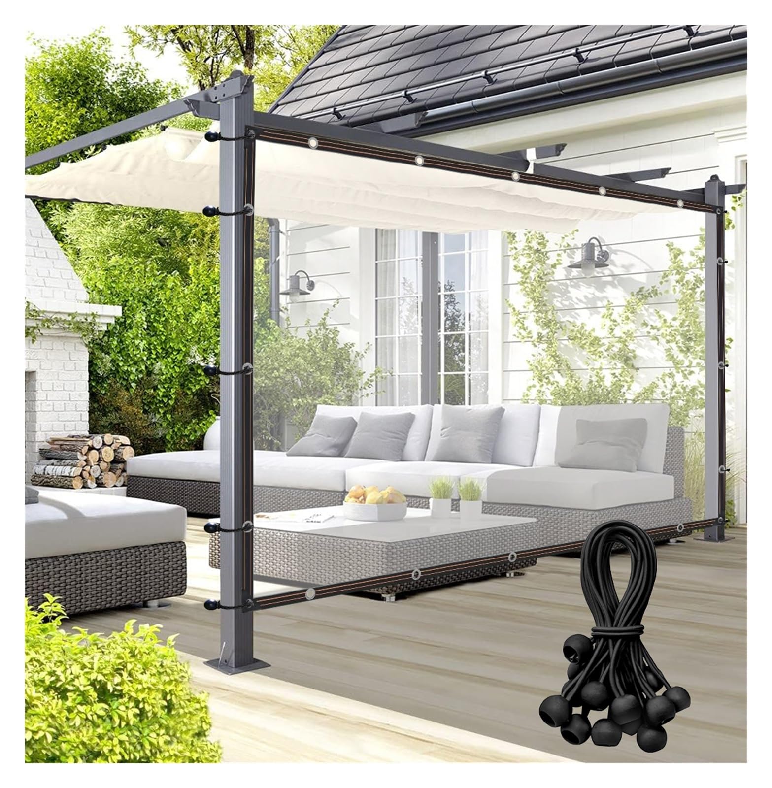 Lona de PE impermeable transparente de 120g/m² con ojales para porche