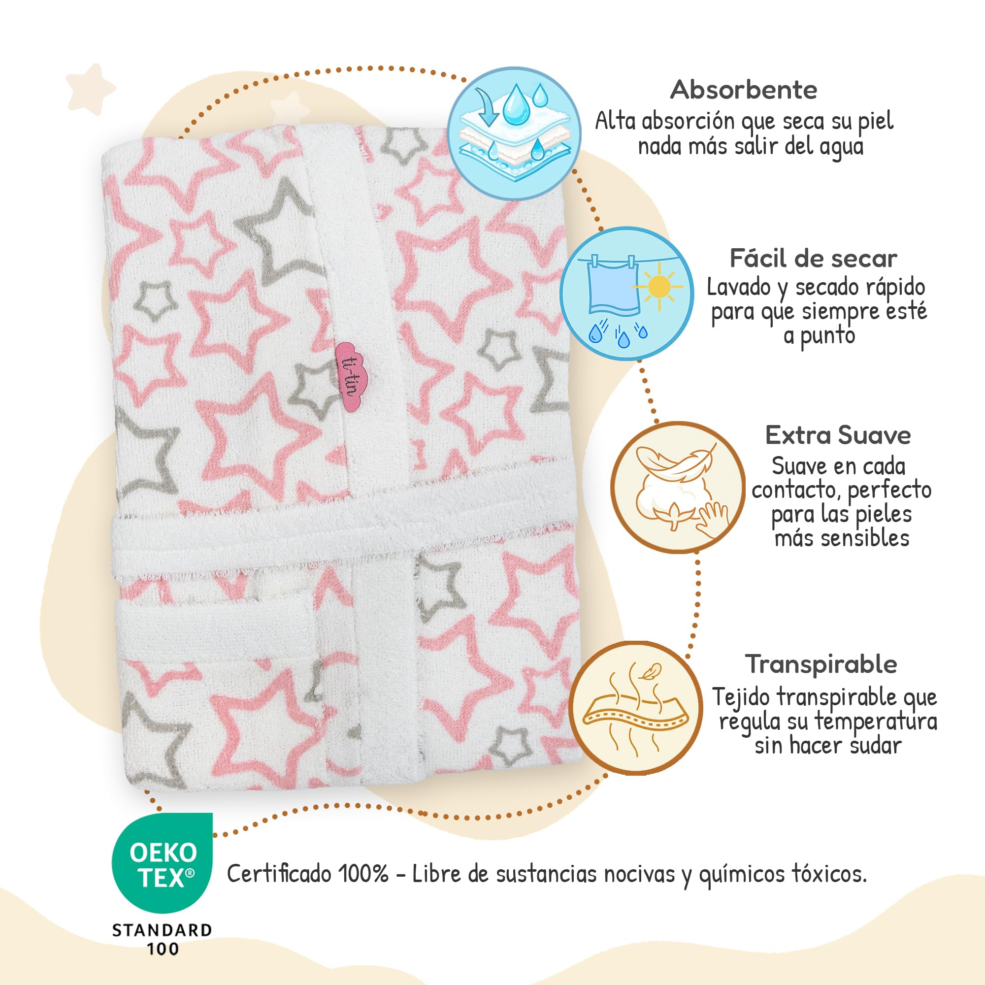 Bata de Baño Infantil con Capucha Algodón Rizo Suave Absorbente Ti TIN Albornoz Niña Niño Cinturón Bolsillo