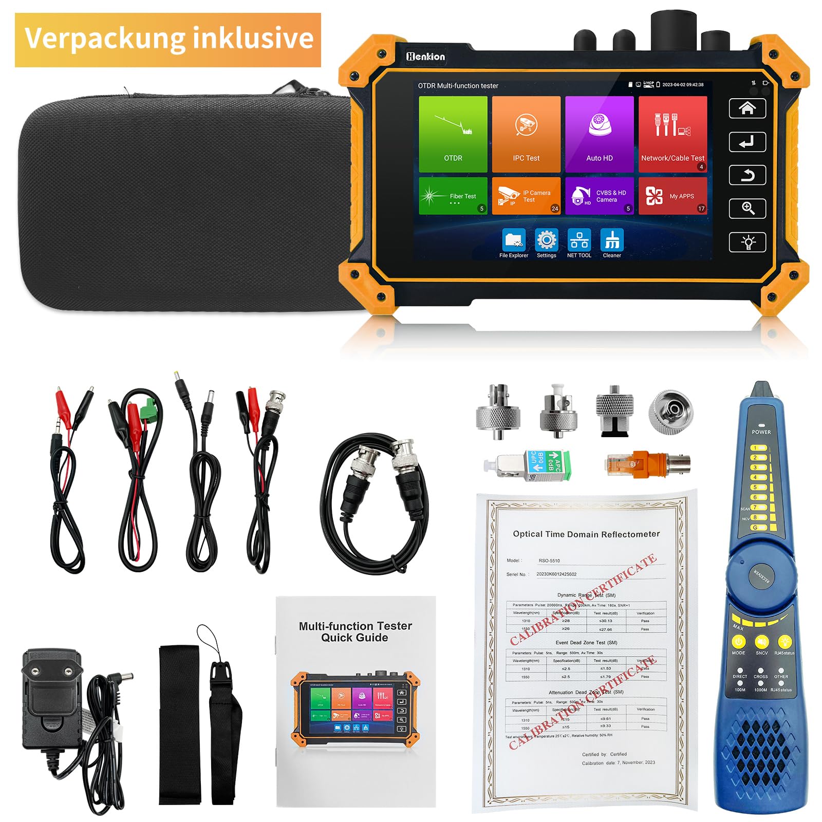 Henkion OTDR Glasfasertester RSO-5510 LWL Tester 1610 nm 28dB 5,4" IPS-Touchscreen Reichweite 150km IPC Tester TVI CVI AHD CVBS Kabeltester FC/UPC SC ST LC OPM OLS LS VFL Ereigniskarte Netzwerk-Tools