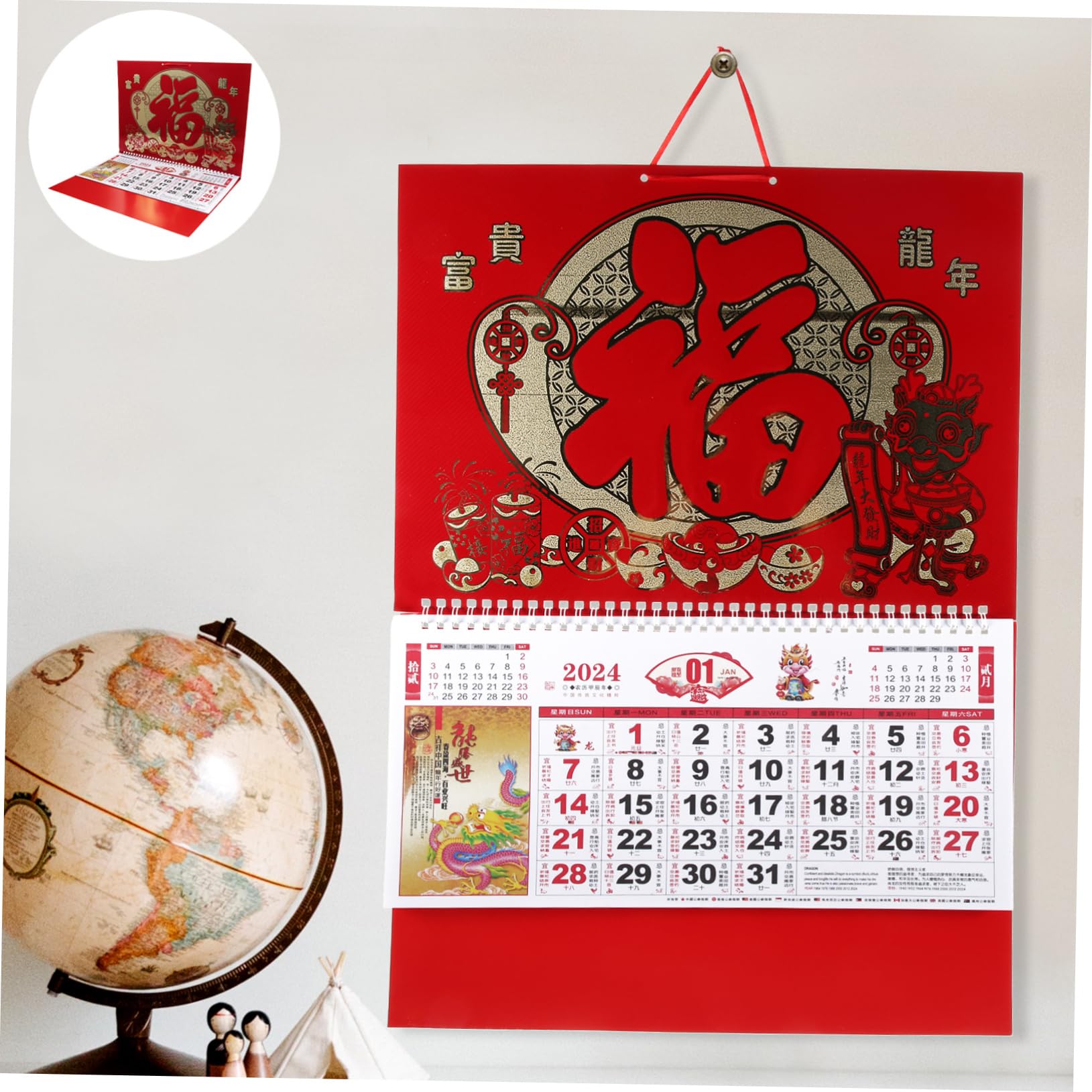 Housoutil 4 Piezas Calendario de Pared Chino Año del Dragón con Diseño Lunar Calendario Colgante para y Oficina Cultural y Detallado