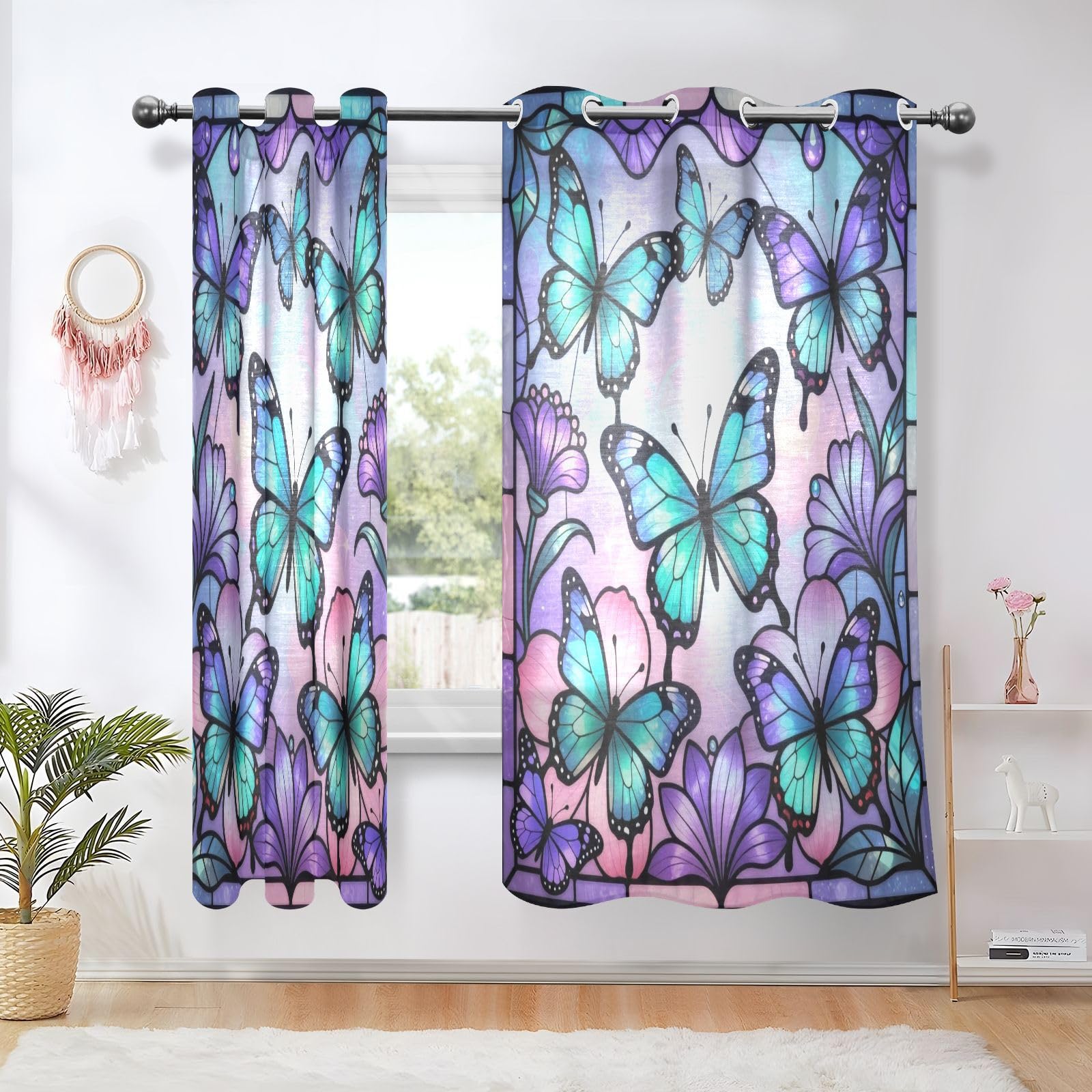 Cortinas opacas decorativas de lino para amantes de las mariposas de ensueño, cortinas opacas para sala de estar, cafetería, juegos de 2 paneles