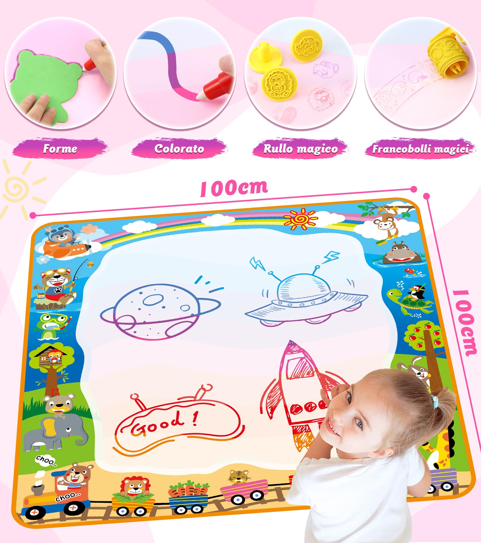 lenbest Tappeto Magico Bambini - 100×100cm Doodle - Giochi Educativi - Colori Acqua - Giocattoli 2 3 4 Anni Regalo