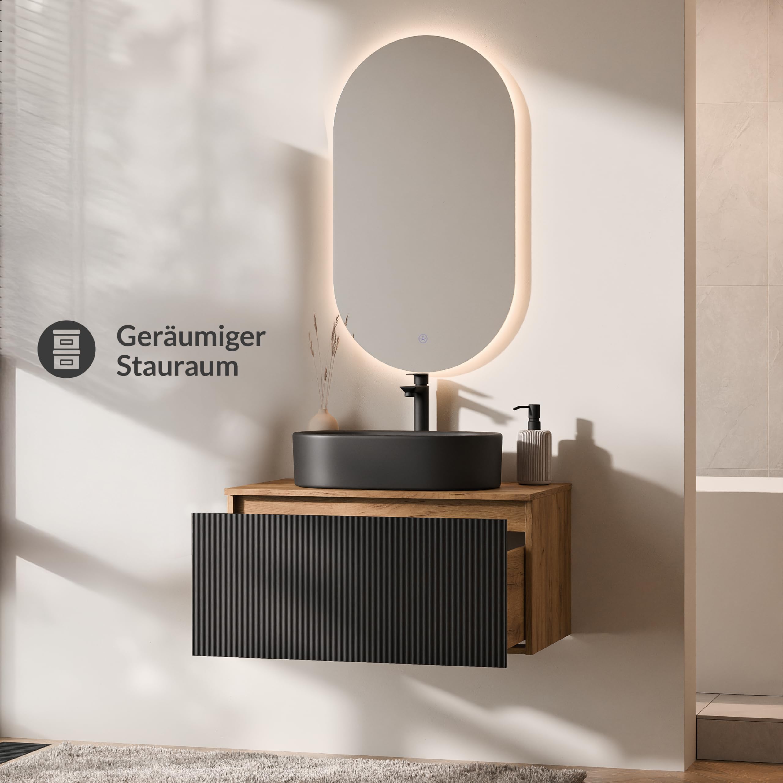 Planetmöbel Arisa Set di mobili da bagno Lavabo con mobiletto sottostante 80 cm Rovere dorato nero (scanalato) con specchio LED, Lavandino 55 cm nero, incl. Sifone salvaspazio