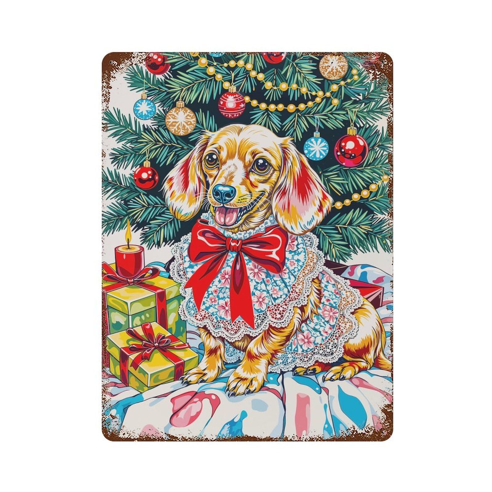 Rust Effect Festive Dachshund Christmas Portrait Vintage Rust Metal Sign 15.7"x11.8", Classic Wall Plaque for Shed, Workshop And Garage Wall Decor