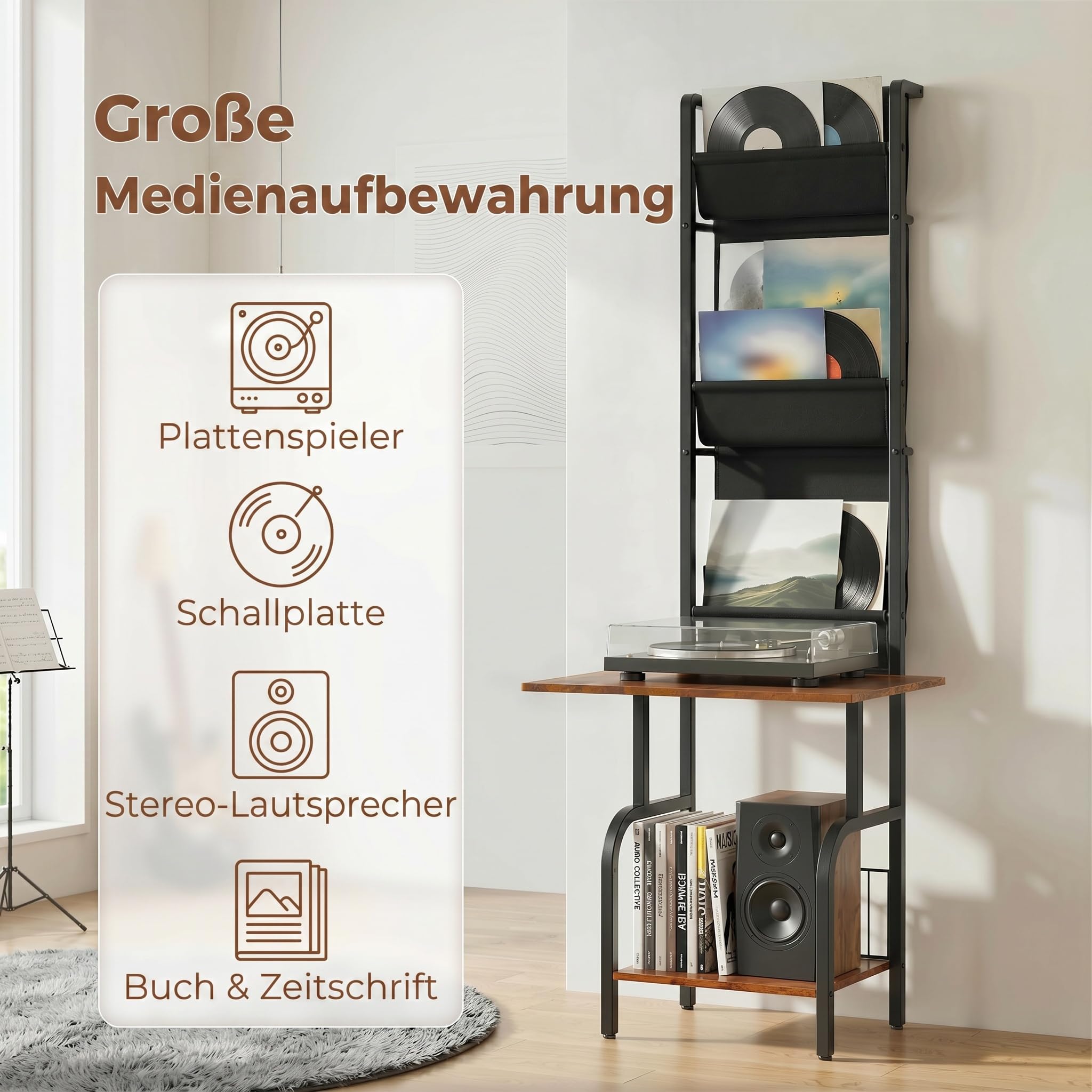 HOMCOM Plattenspieler Schallplatten Aufbewahrung mit 3 Stofftaschen Schallplattenspieler-Tisch mit offenem Fach Blurays Aufbewahrung für bis zu 40 Alben 50 x 48,5 x 144 cm Rustikal-Braun