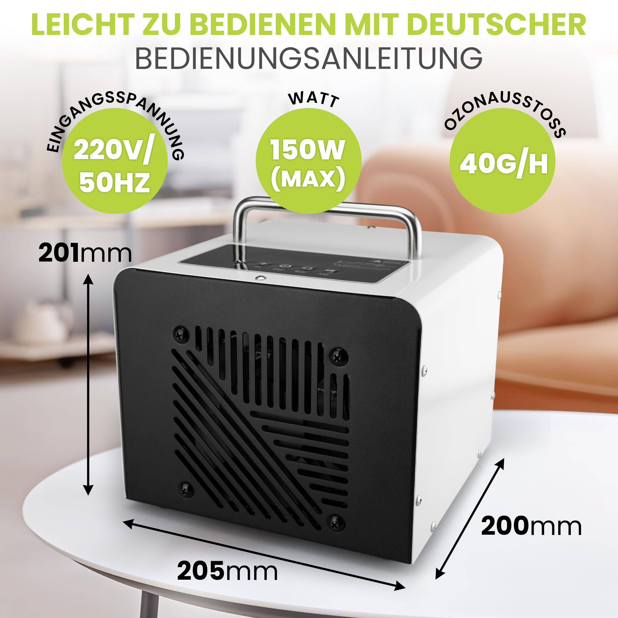 Ozongenerator, 40.000 mg/h Ozonleistung – Ozongerät Luftreiniger & Geruchsentferner für Auto, Wohnbereich, Küche, Keller, Gewerbe und mehr – Effizienter Raumluftdesinfektor für Frische & Reinheit