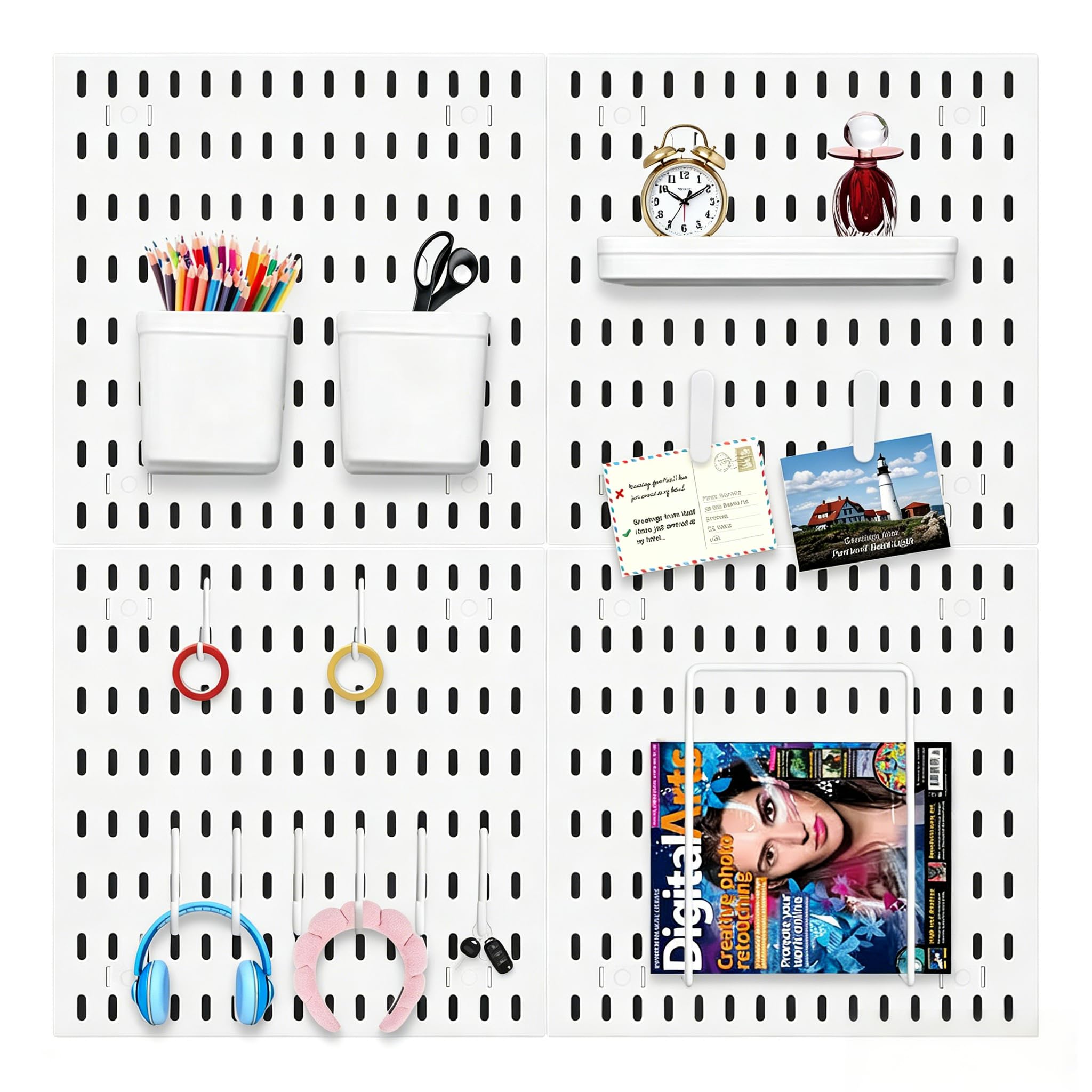 Wall Organiser Pegboard Combination Kit with 4 Tiles 30x30cm Pegboards ๏ผ14 Pieces Accessories for Room Storage, Organization and Decoration, Free Combination & Easy Install