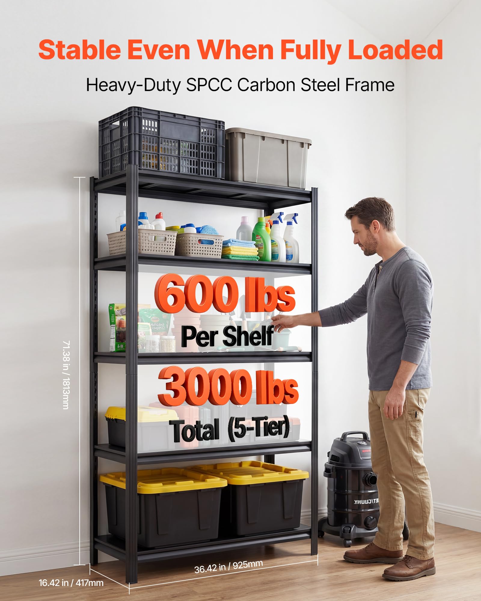 VEVOR Scaffale per Garage, Scaffale Metallico Portaoggetti, 5 Ripiani Regolabili, Capacità 1360 kg, Scaffalatura Multiuso, per Cucina, Dispensa, Cantina e Bagno, 92,5 cm L x 41,7 cm P x 181,3 cm A