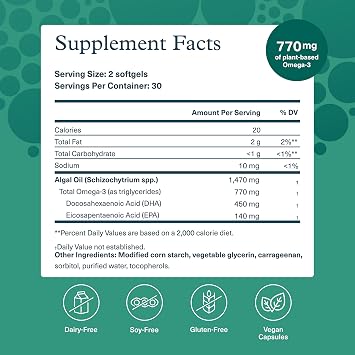 Youtheory Ocean-Friendly Omega - Algae Omega 3 Supplement with EPA & DHA - Supports Brain & Eye Health* - Plant-Based - for Pescatarian & Vegan Diets - 60 Softgels (30-Day Supply)