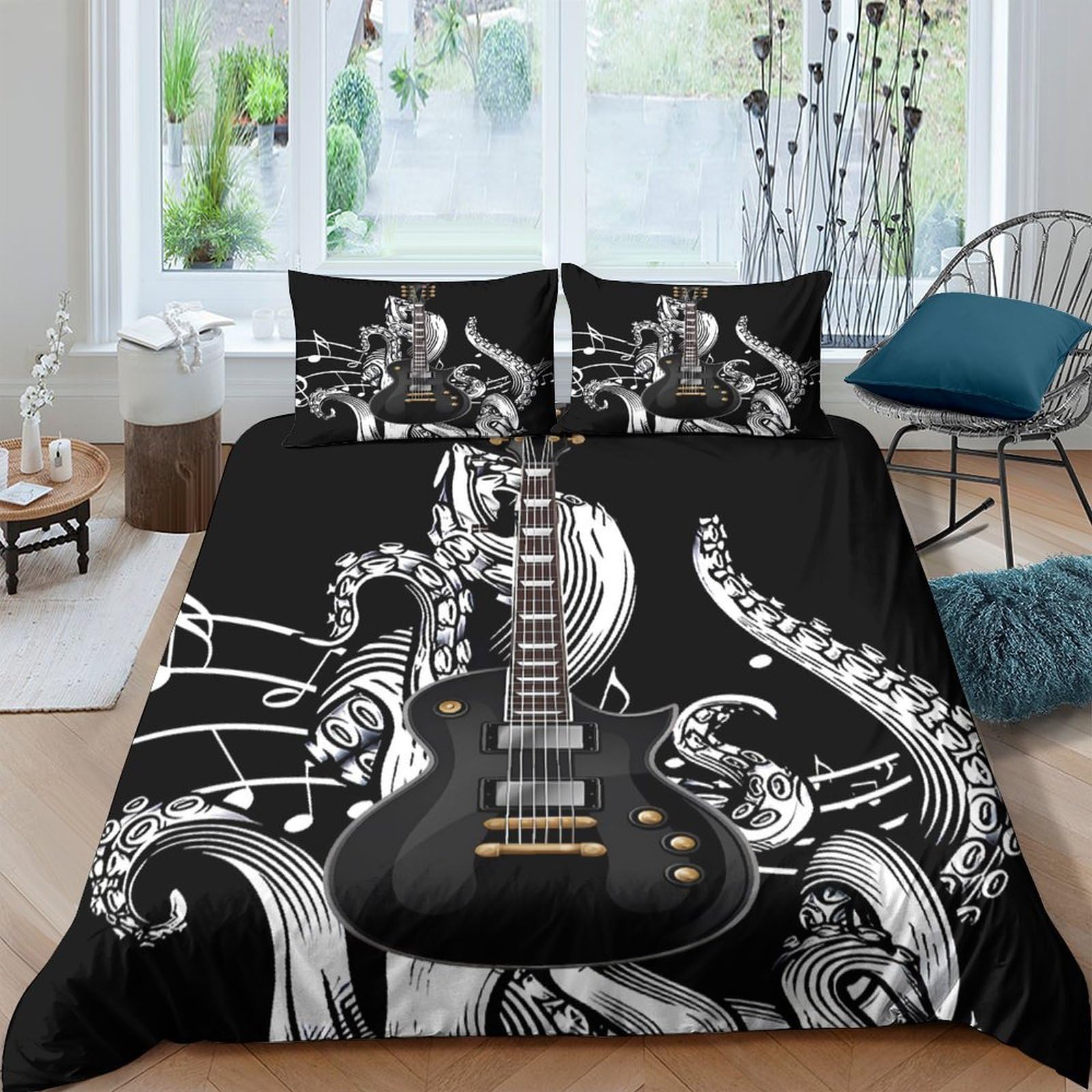 Ctjqhvkz Style-8 3D Printed Guitar Octopus Fitted Sheet Microfiber Soft Black Bed Sheet For Bedroom Dorm Decor Mattress Protection Single（135X200cm）