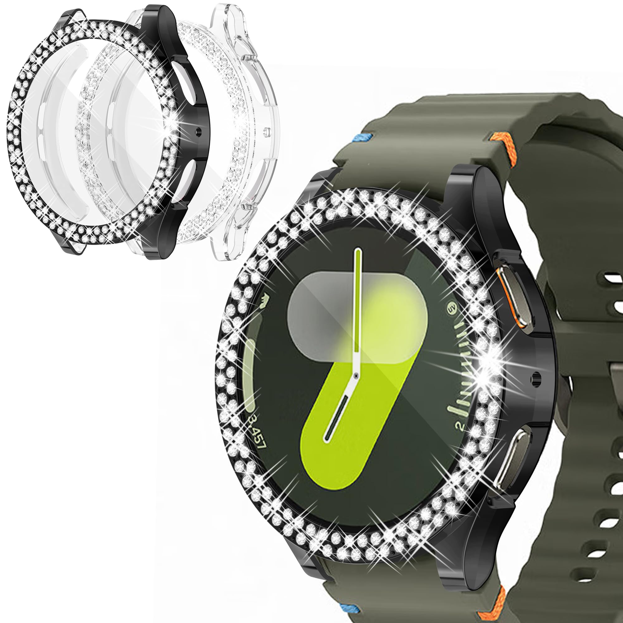 HAJSLU Bling Flexible TPU Case Compatible with Samsung Galaxy Watch 7 40mm 44mm Sparkling Double Row Diamonds Built-in HD Screen Protector Full Protective Cover for Women Girls(Black/Clear, 44mm)