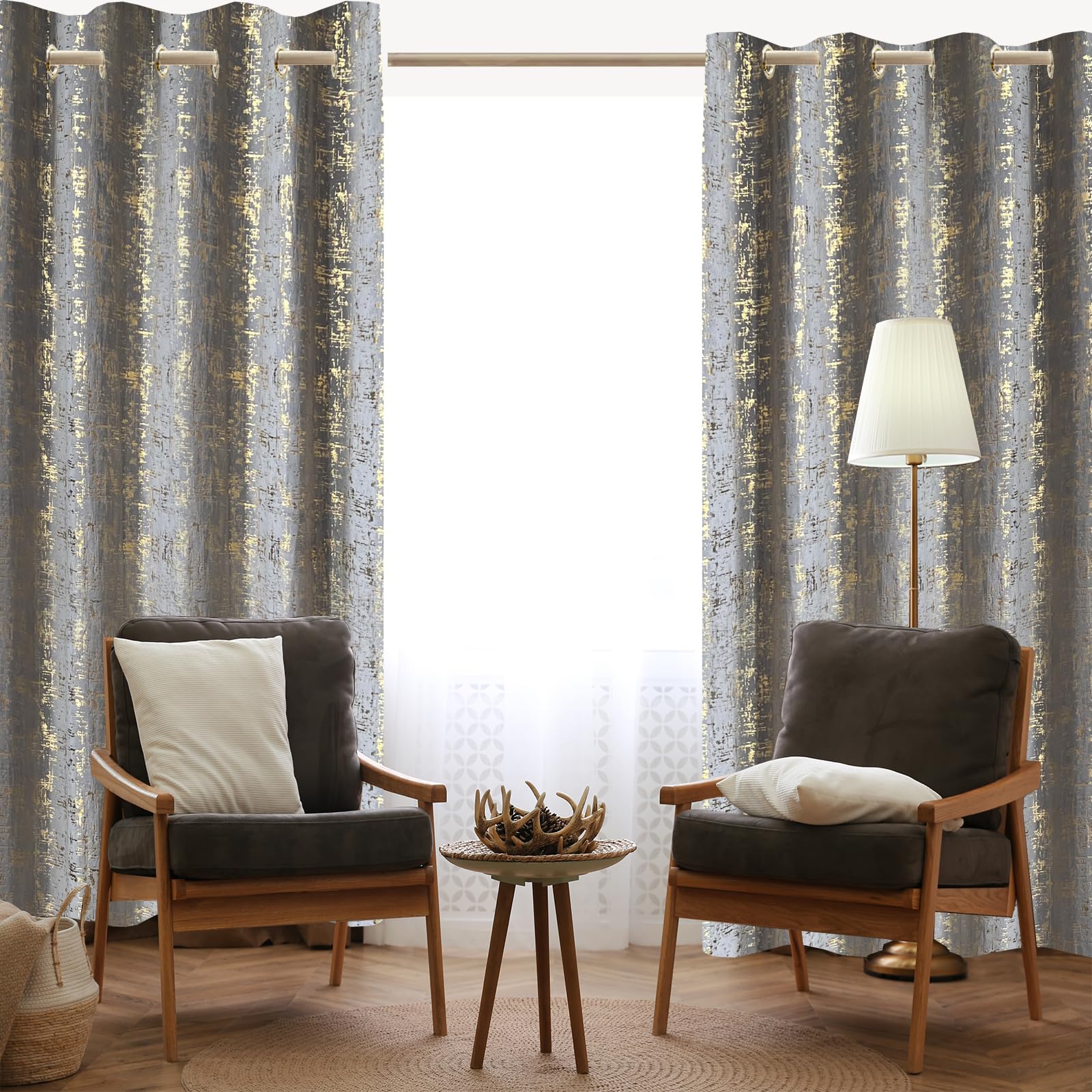Tititex Luxury Grey Velvet Blackout Curtains 84 inch Length 2 Panels Sets for Bedroom Window Drapes Thermal Curtains with Grommets, Gold Foil Print for Living Room