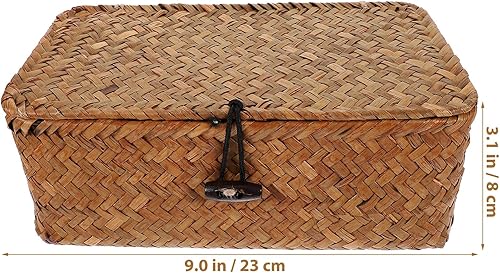 Miniatura 7 de Cestas de almacenamiento de pastos marinos con tapa: cestas de mimbre natural, cestas rectangulares tejidas para el hogar, cajas organizadoras,