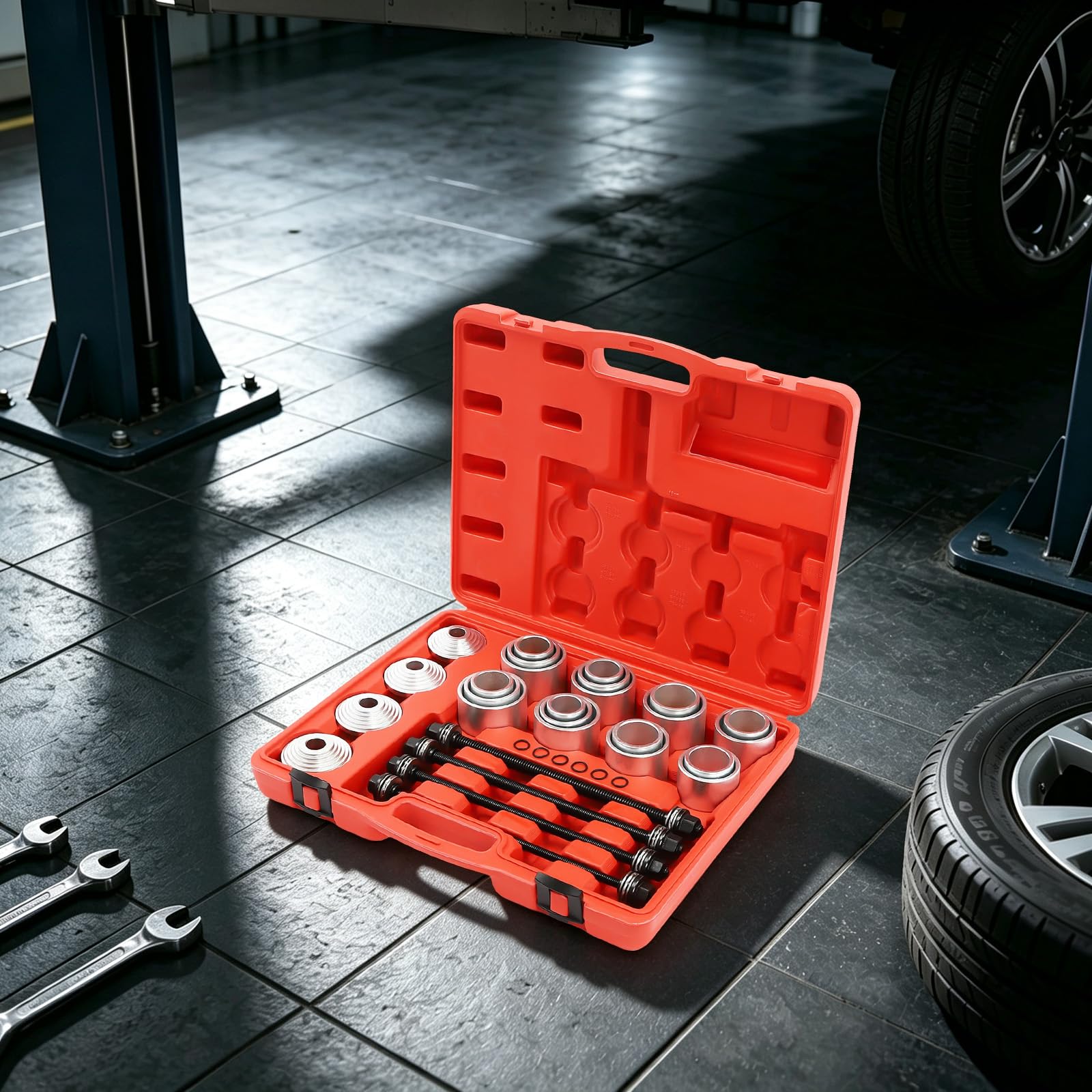 Kit strumento Silentblock, 28 pezzi, presa pressa M10-M16 per sospensioni | Estrazione Sostituzione Anello Gomma Auto Camion, 20 Prese Acciaio 45# con Valigetta Stoccaggio