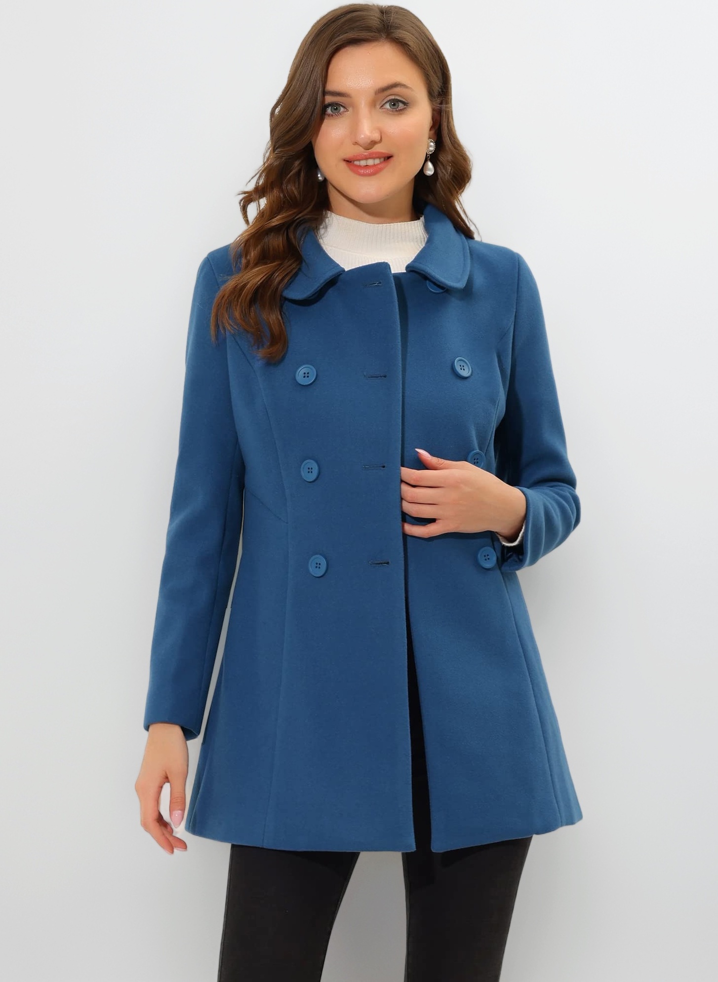 Allegra K Women's Peter Pan Collar Double Breasted Winter Long Trench Pea Coat