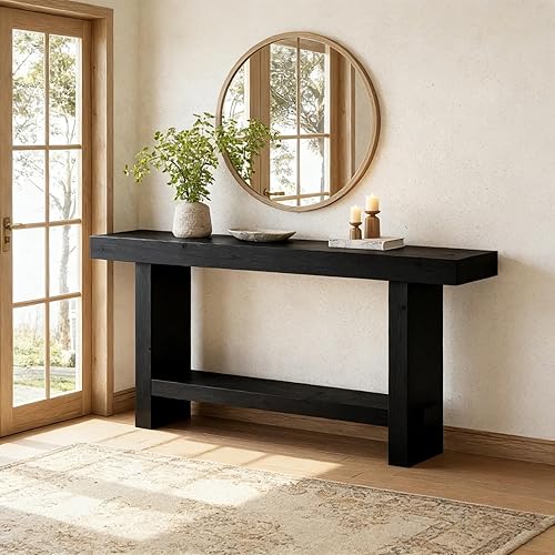 Miniatura 10 de Mesa consola de madera maciza de 63 pulgadas, mesa de entrada estrecha de 2 niveles para pasillo, entrada, sala de estar, detrás del sofá, color