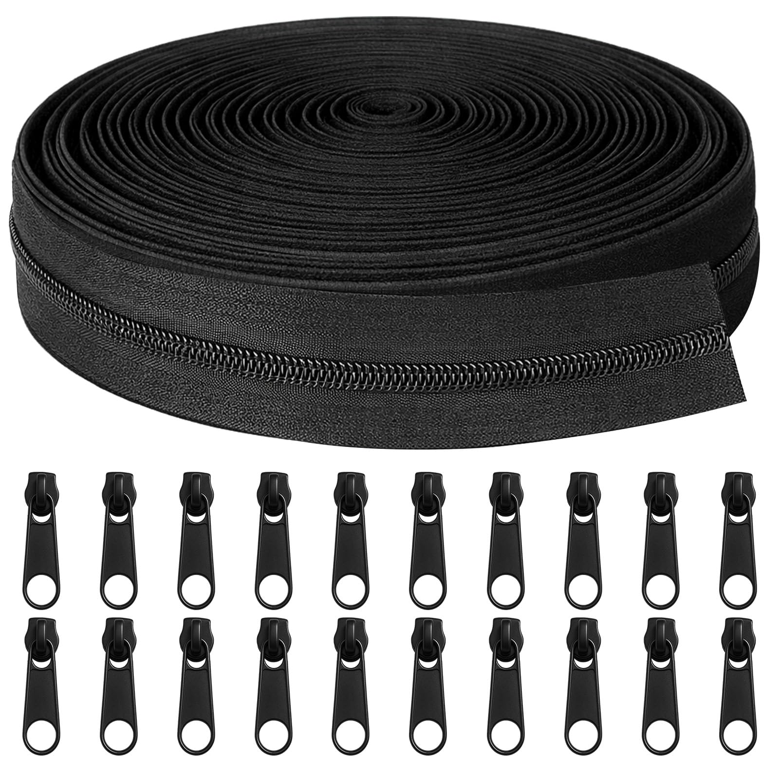 Nadinsta 21 Yards Zippers for Sewing, #3 Bulk Zipper, Replacement Black Continuous Zip with 20pcs Sliders, Nylon Coil Sewing Zipper for Jackets, Sewing Assorted Sizes, Pillows, Bags
