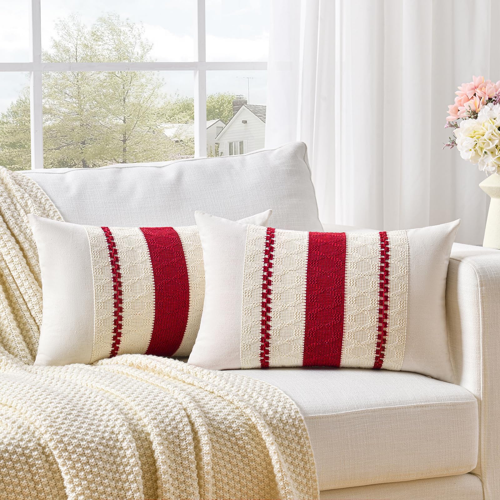 Fancy Homi Set of 2 Boho Red Long Lumbar Decorative Throw Pillow Cover 12x24 Inch for Couch Bed Sofa Chair, Modern Organic Farmhouse Home Decor, Soft Cotton Cute Accent Rectangle Cushion Case โ image 1