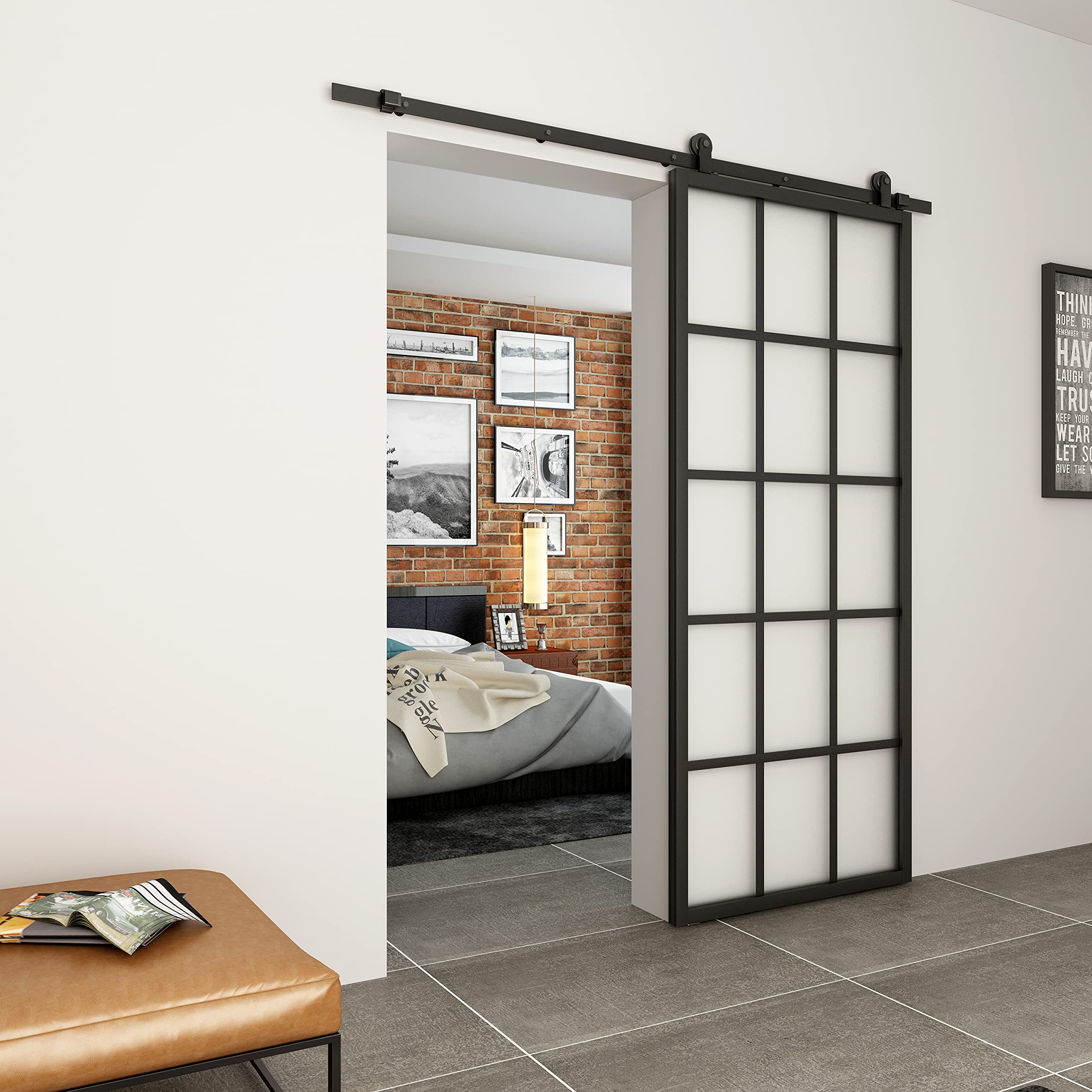 BARNSMITH 36in x84in Frosted Glass Barn Door Sliding Aluminum Panel
