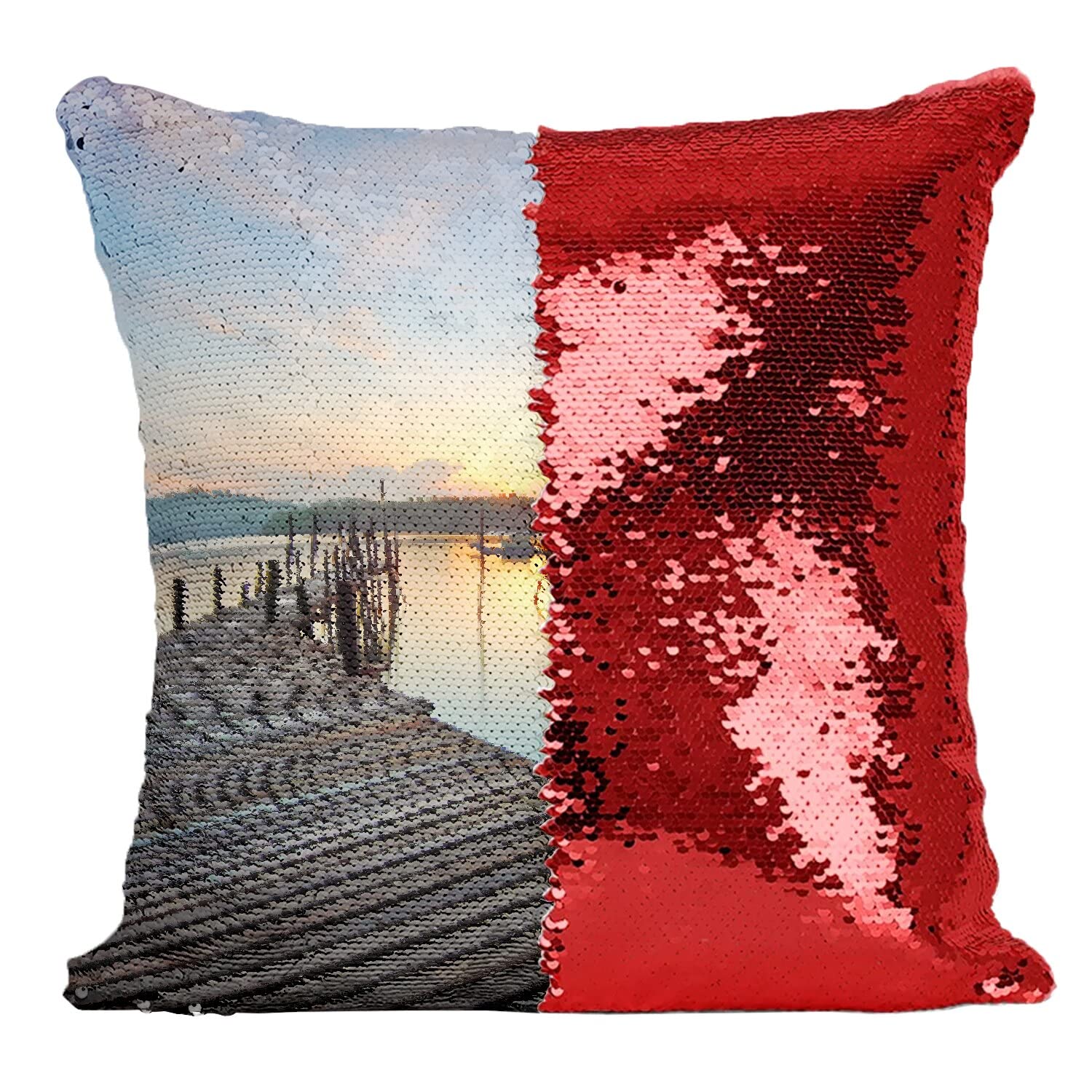 Coussin sequin rouge à paillettes paysage coucher de soleil sur un ponton