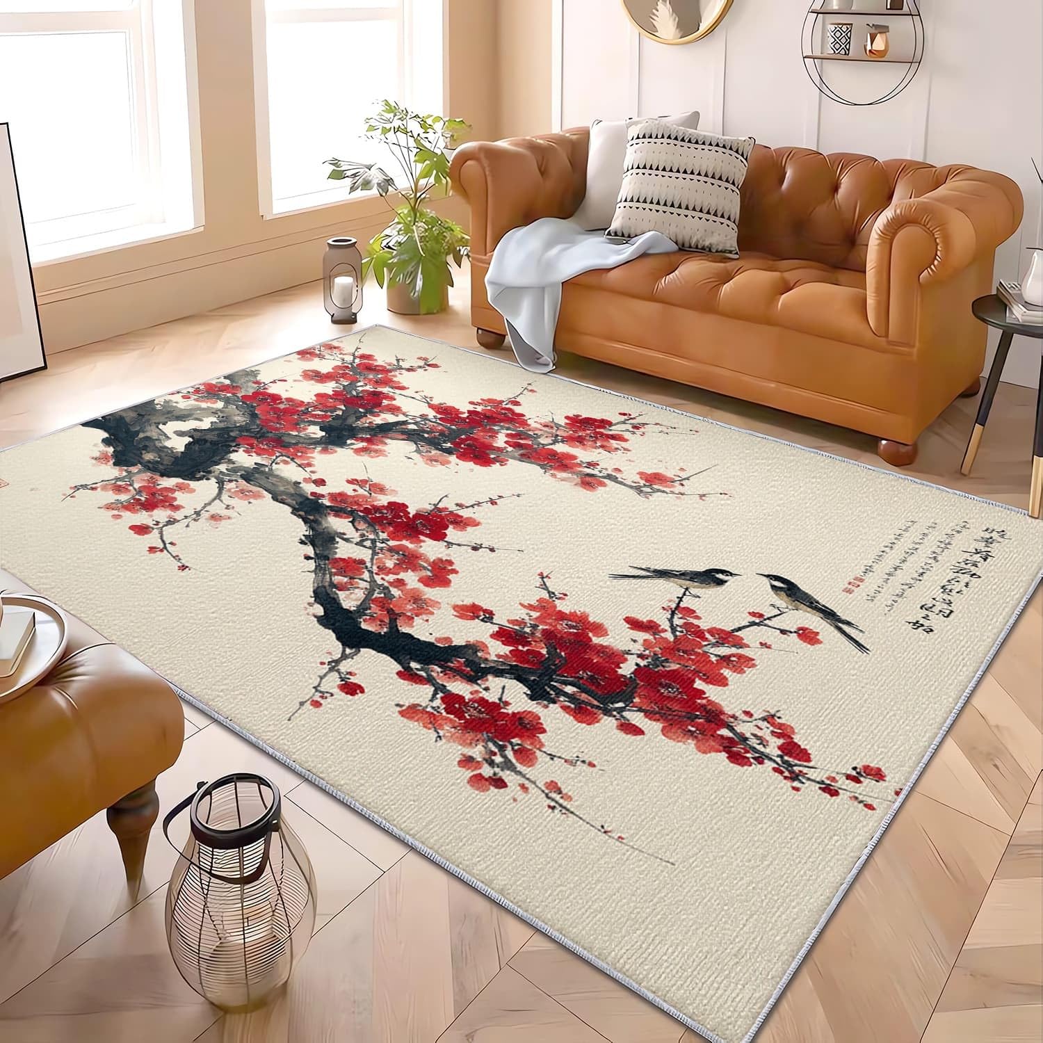 Tapis doux a poil court style chinois avec fleurs et oiseaux