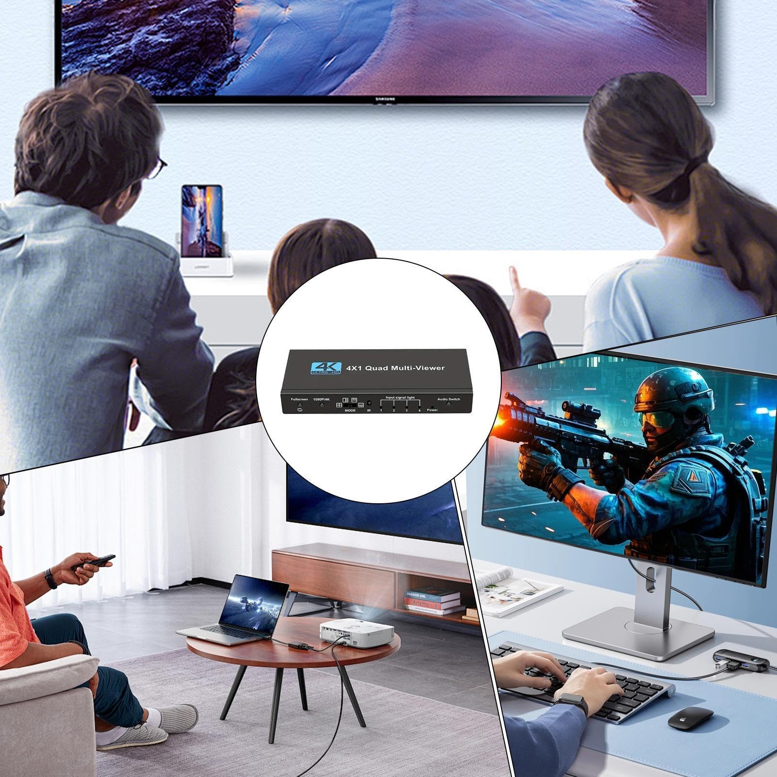 Splitter TV Splitter 4K 4x1 digitale senza saldatura | Divisore Quadridirezionale per Display Home Theater, Streaming Live, Monitoraggio Sicurezza, Splitter Multi-Display,