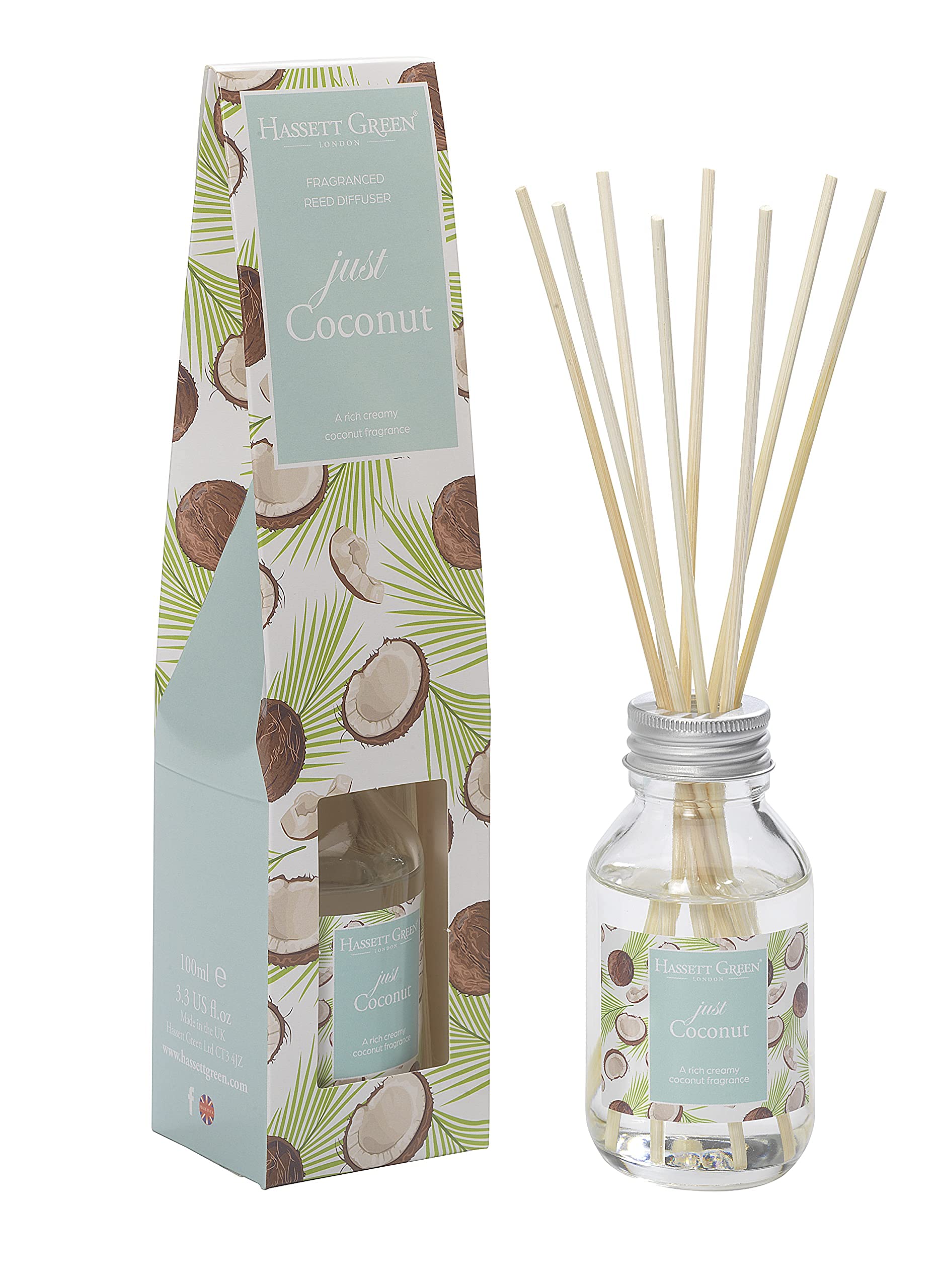 Hassett Green London Just Coconut Reed Diffuser 100ml | 8 rattan reeds, Glass bottle, Rich, creamy tropical aroma, Alcohol-free, UK made, Vegan