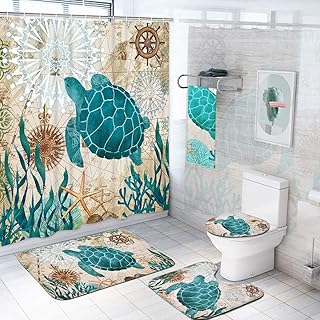5 Pcs Sea Turtle Shower Curtain Sets with Rugs and Towels, Non-Slip Rug, Toilet Lid Cover and Bath Mat, Sea Turtle Bathroo...
