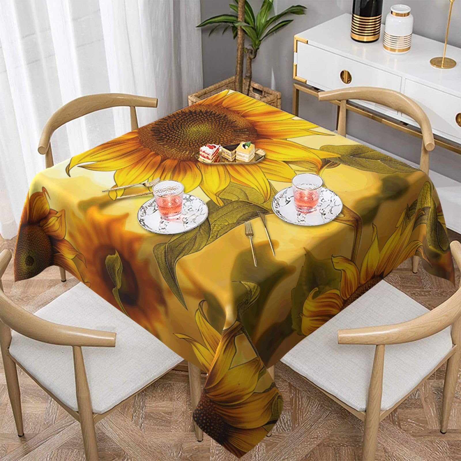 WPKJU Beautiful Yellow Sunflower Printed Square Tablecloth 54x54 inch Water Resistant Table Cover Washable Rectangle Table Cloth for Dining Tables