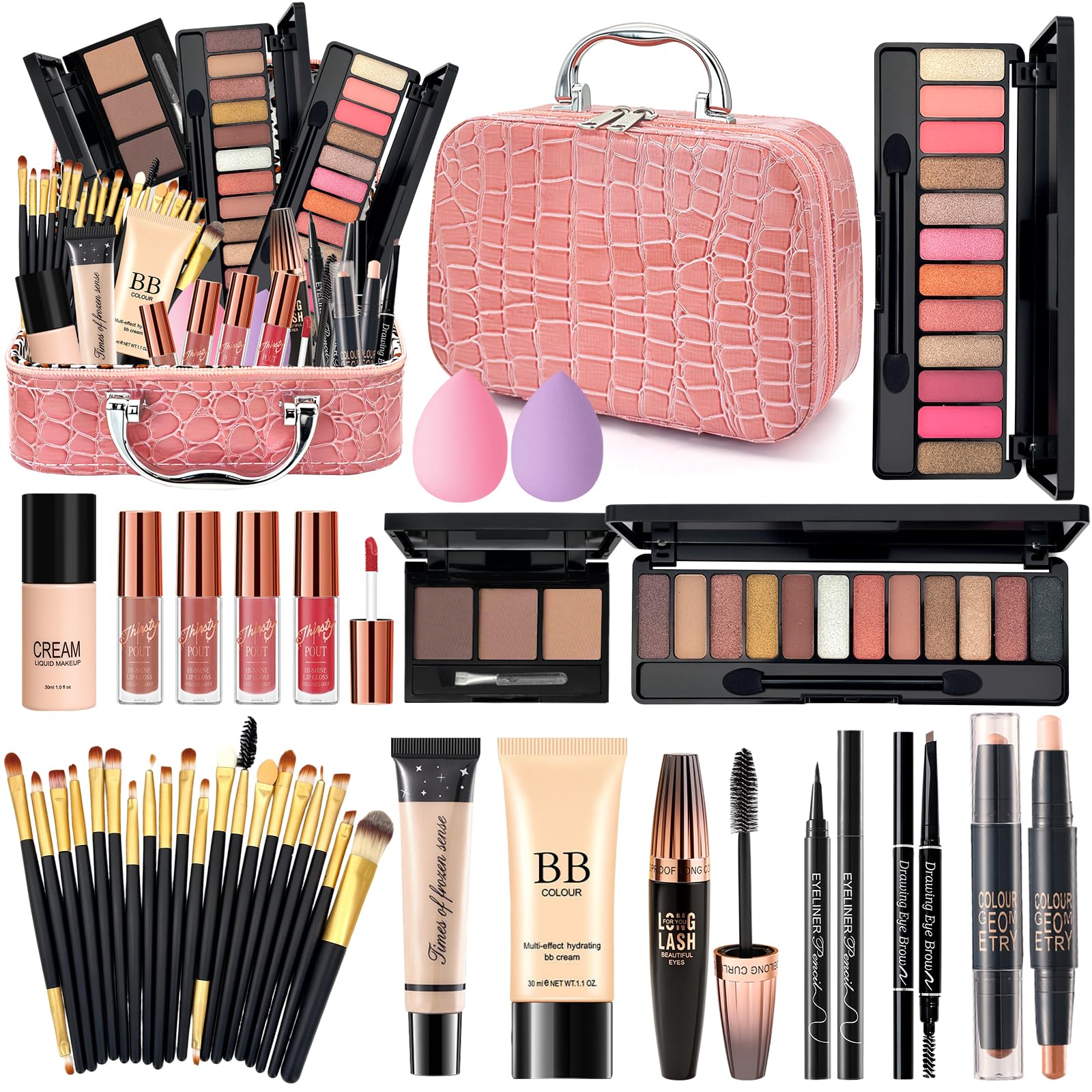 Coffret Maquillage Femme, Kit Maquillage Ado Fille Professionnel Complet avec Trousse de Maquillage, Coffret Cadeau Maquillage avec BB Crème Fond Teint Crayon Sourcils Mascara Palette à Yeux Gloss