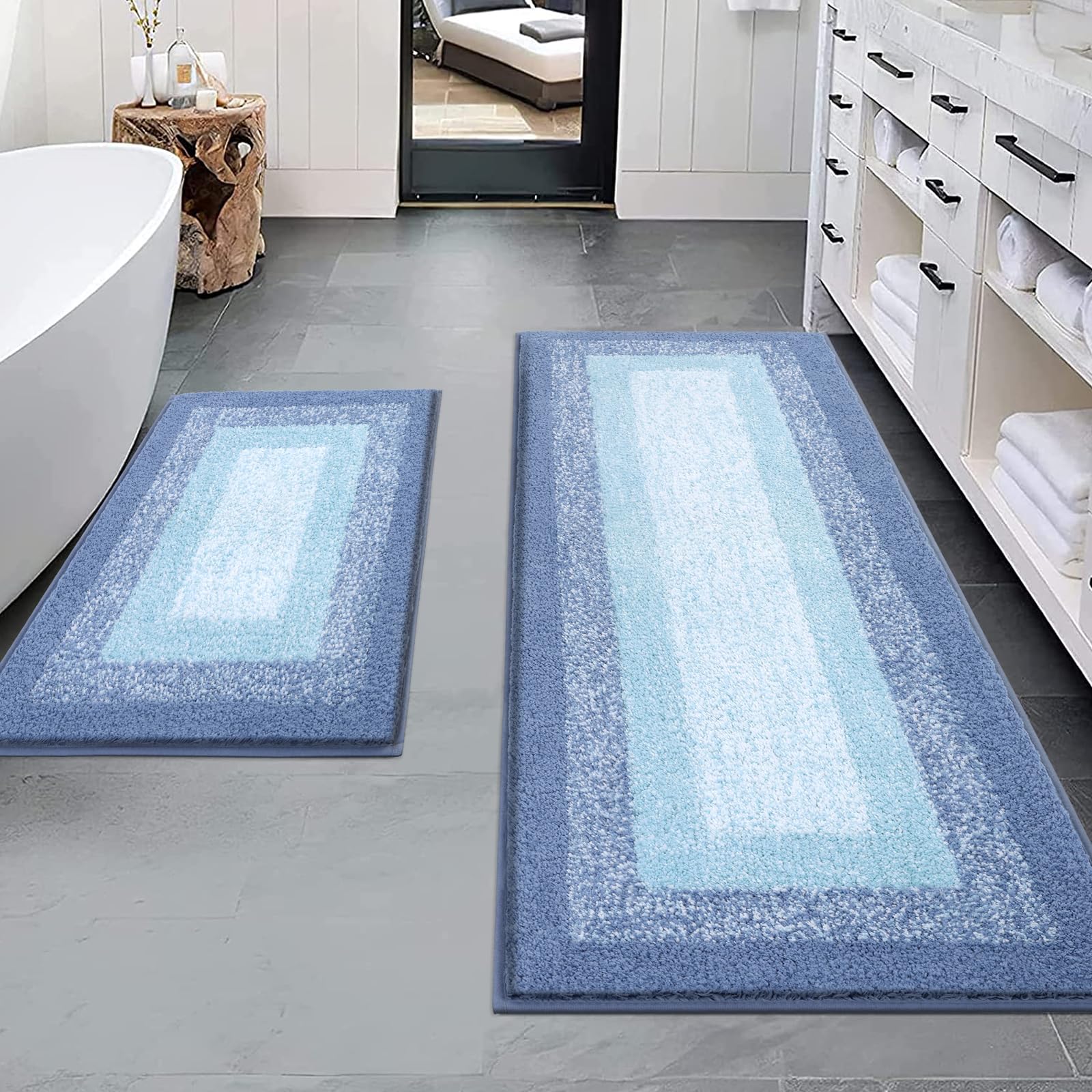 Bsmathom Bath Mats for Bathroom Floor Set of 2, Non Slip Absorbent Bathroom Accessories, Bath Mats Machine Washable with U-Shaped Toilet Mat, Light Blue