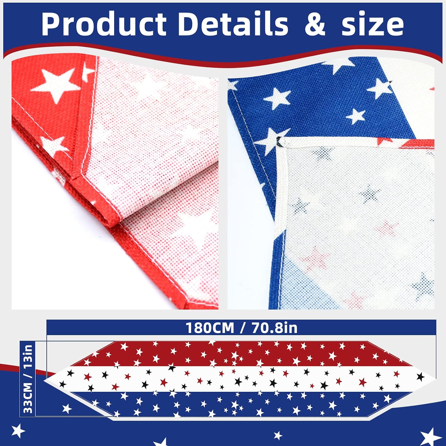 4th of July Table Runner Decorations - 71x13 Inch Linen Patriotic Table Runner for Fourth of July, Independence Day, Memorial Day, USA Flag Stars Pattern Table Cover for Home Fireplace Party Supplies