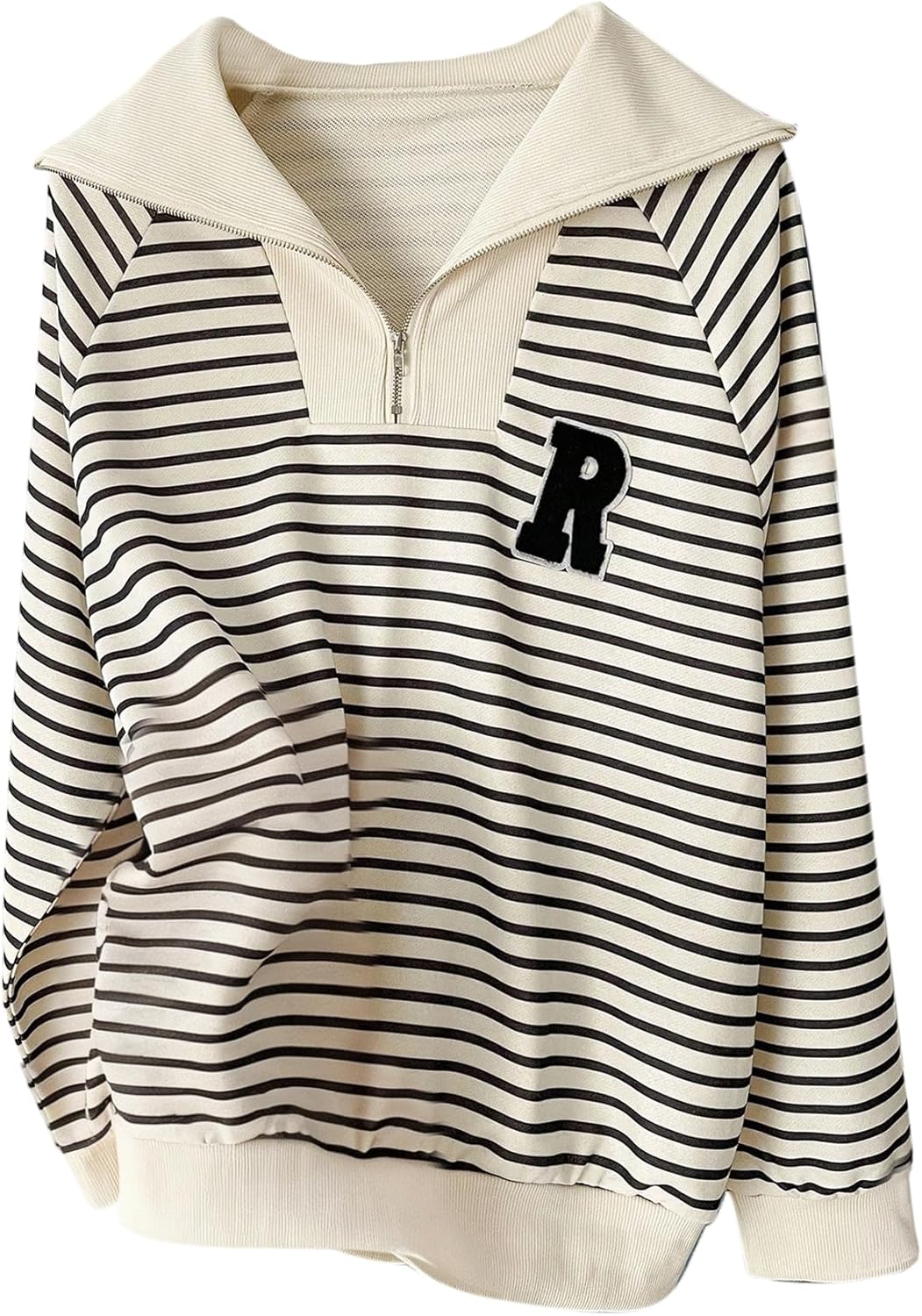 Verdusa Women Quarter Zip Pullover Oversized Stripe Long Sleeve Sweatshirt Collared Fall Tops