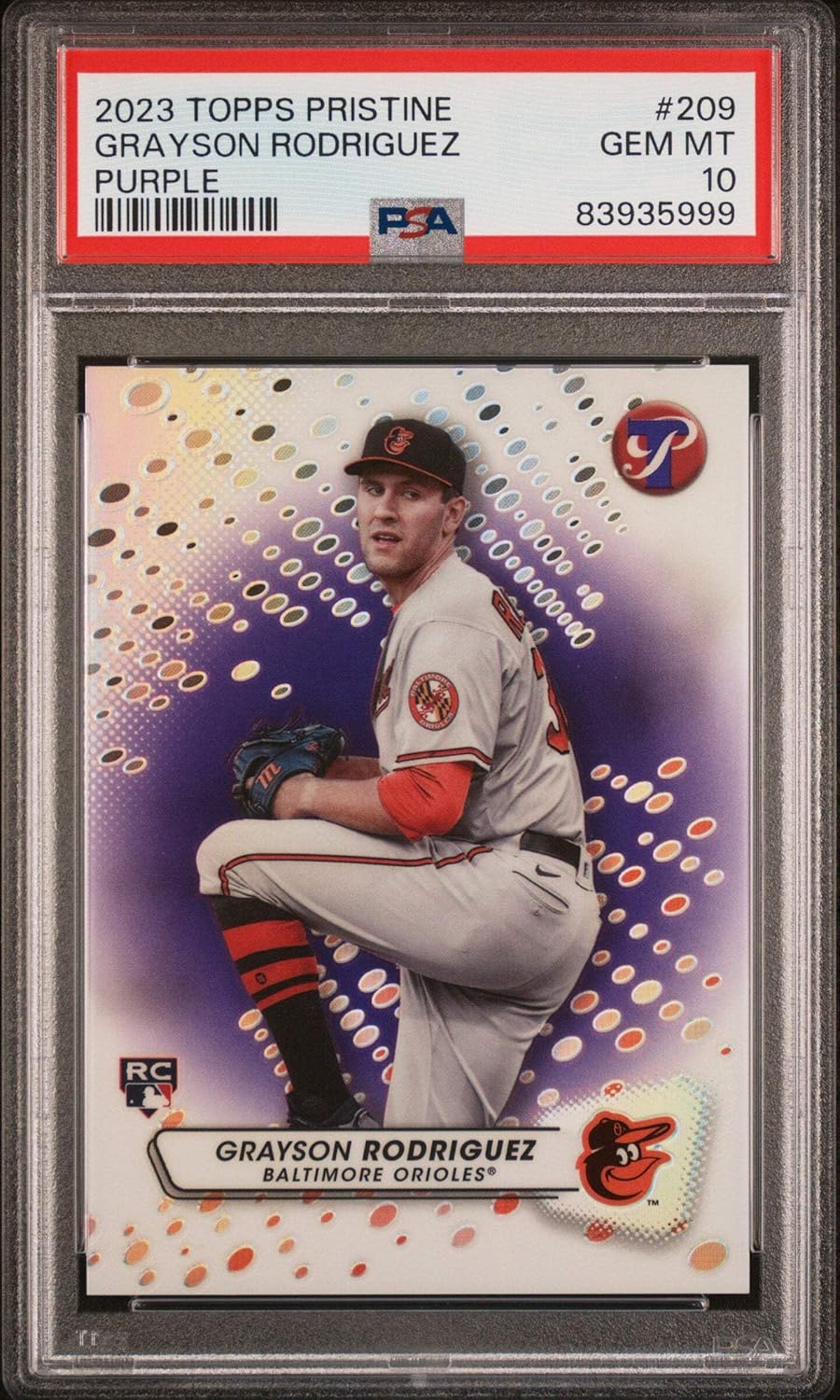 Graded 2023 Topps Pristine Grayson Rodriguez #209 Purple #/99 Rookie RC Baseball Card PSA 10 Gem Mint
