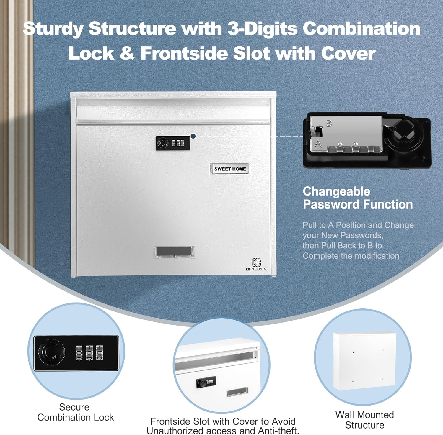 KINGCEPHAS Wall-Mounted Mailbox with Combination Lock, Large Capacity, Wall Mount Waterproof Postbox, Wall Installed Outdoor High Rust Resistance Letterbox,Mailboxes for Outside (White)