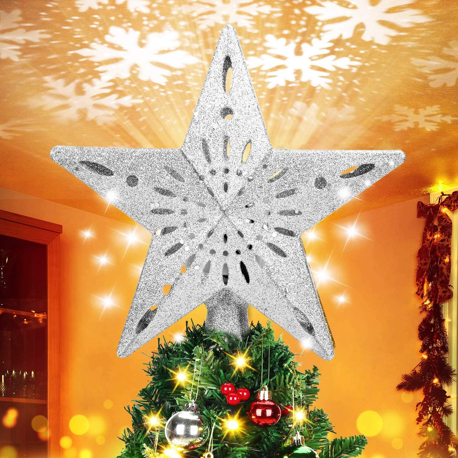 BATTOP Christmas Tree Topper,Christmas Tree Star Topper Lighted with White Rotating Snowflake Projector,3D Hollow Glitter Lighted Silver Tree Topper for Christmas Tree Decorations