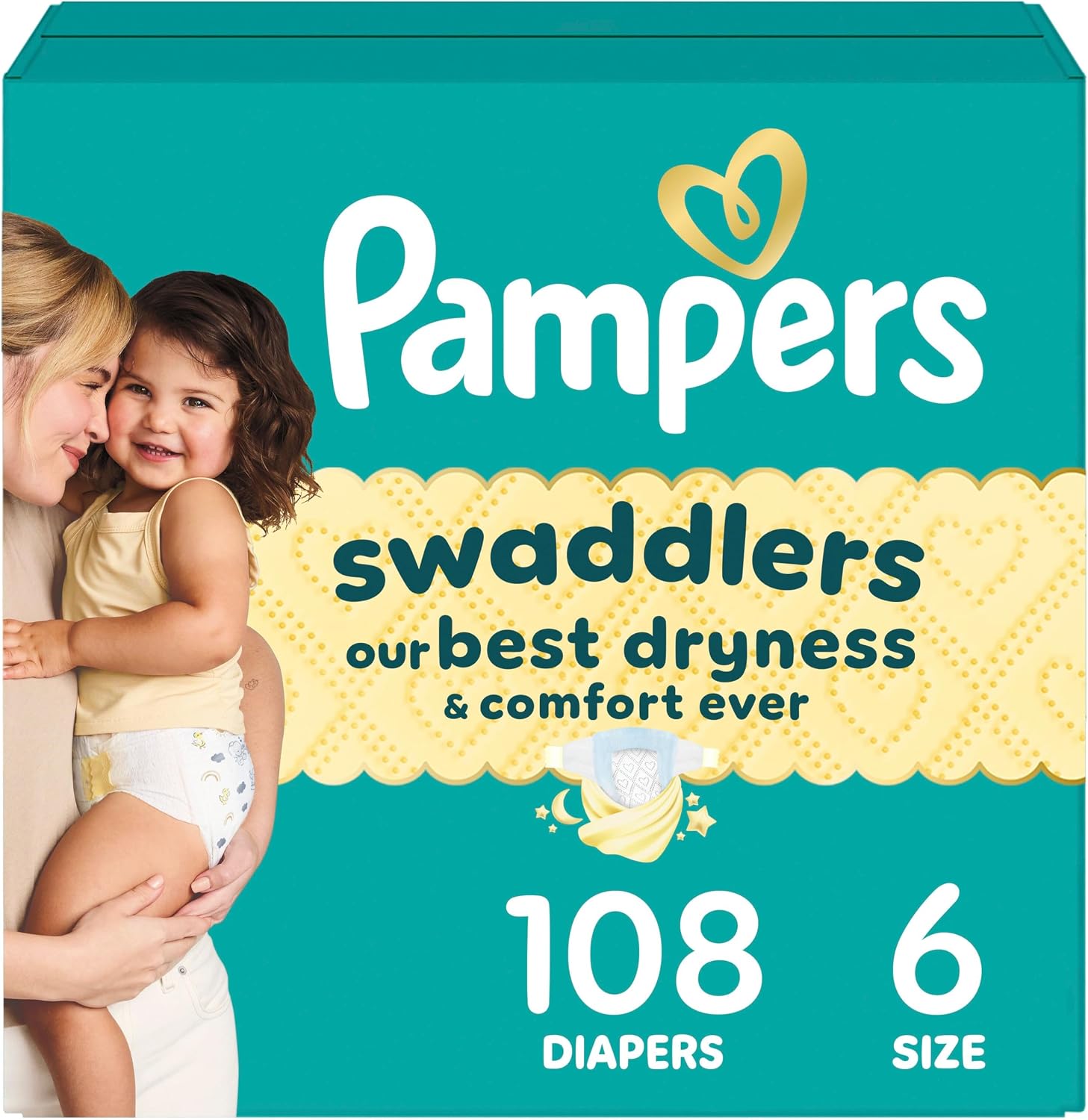 Pampers Swaddlers Diapers, Size 6 (23-44 lbs), 108 Count, Absorbent, Keeps Baby Dry and Comfortable, Skin Safe Disposable Baby Diaper
