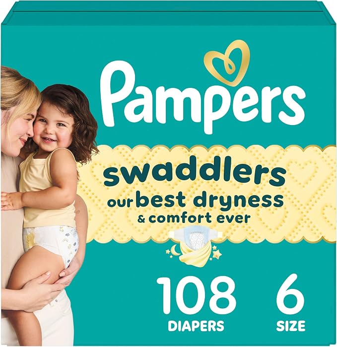 Pampers Swaddlers Diapers, Size 6 (23-44 lbs), 108 Count, Absorbent, Keeps Baby Dry and Comfortable, Skin Safe Disposable Baby Diaper