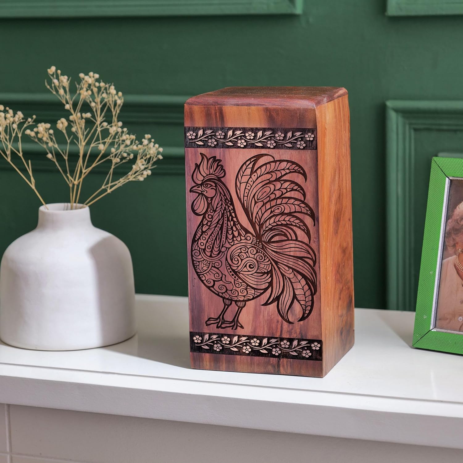 Wooden Rooster Cremation Urns for Ashes - Decorative Urn for Human Remains - Funeral Urn for Ashes for Women - Memorial Gift for Loved Ones - Funeral Gift for Mom - Wooder Box Size 11 Inch