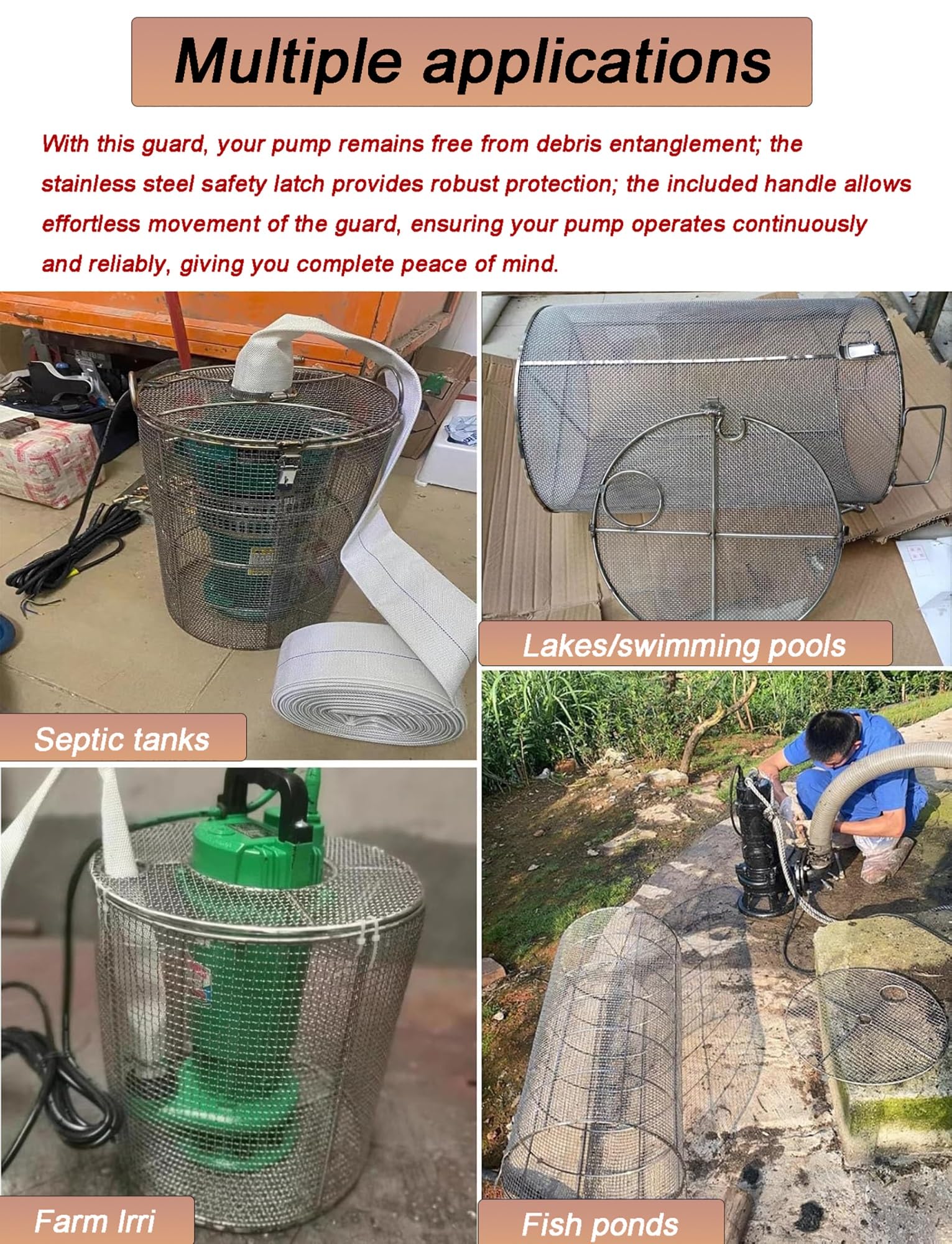 Cubierta de filtro de bomba de acero inoxidable, protector de malla de 1 mm para evitar obstrucciones para bombas sumergibles y de sumidero, características de agua al aire libre