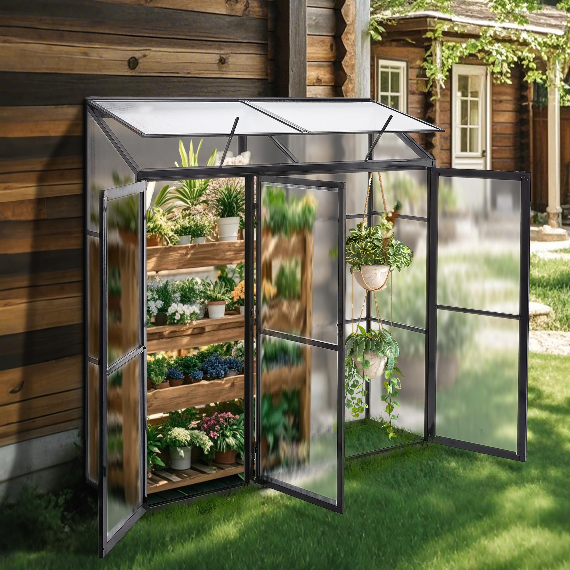 Anlehngewächshaus Tomaten Gewächshaus 180x55x190cm Aluminium Beistell-Gewächshaus, Treibhaus Gartenhaus Frühbeet mit Rückwand, Winterfest Klein, Minigewächshaus, Schwarz