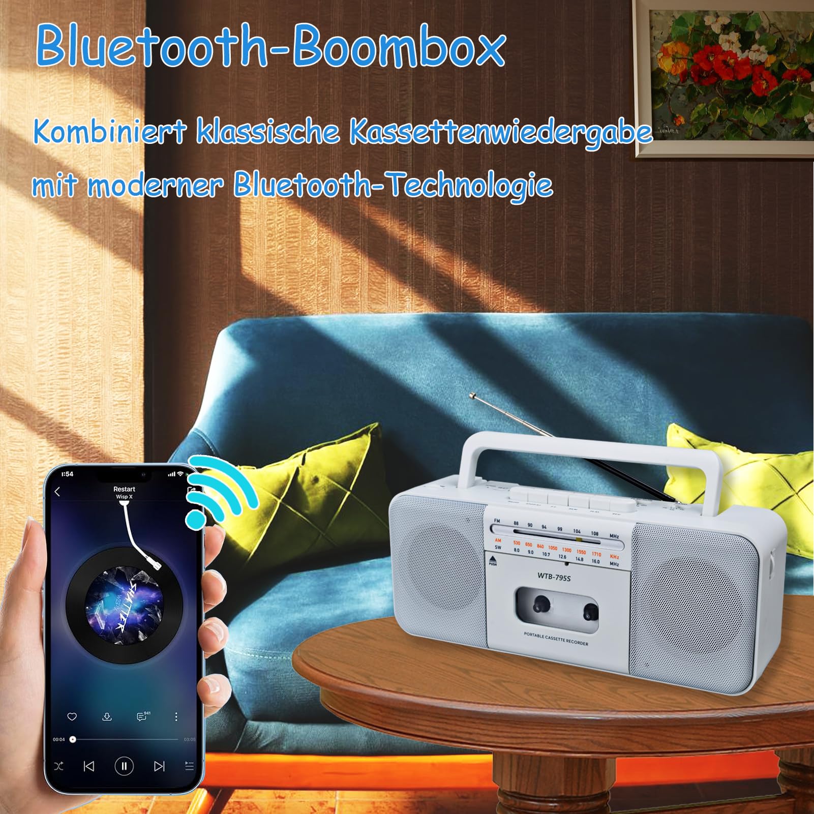 Lecteur cassette Boomboxe Bluetooth, enregistreur AM/FM/W, convertisseur cassette MP3, haut-parleur 10"