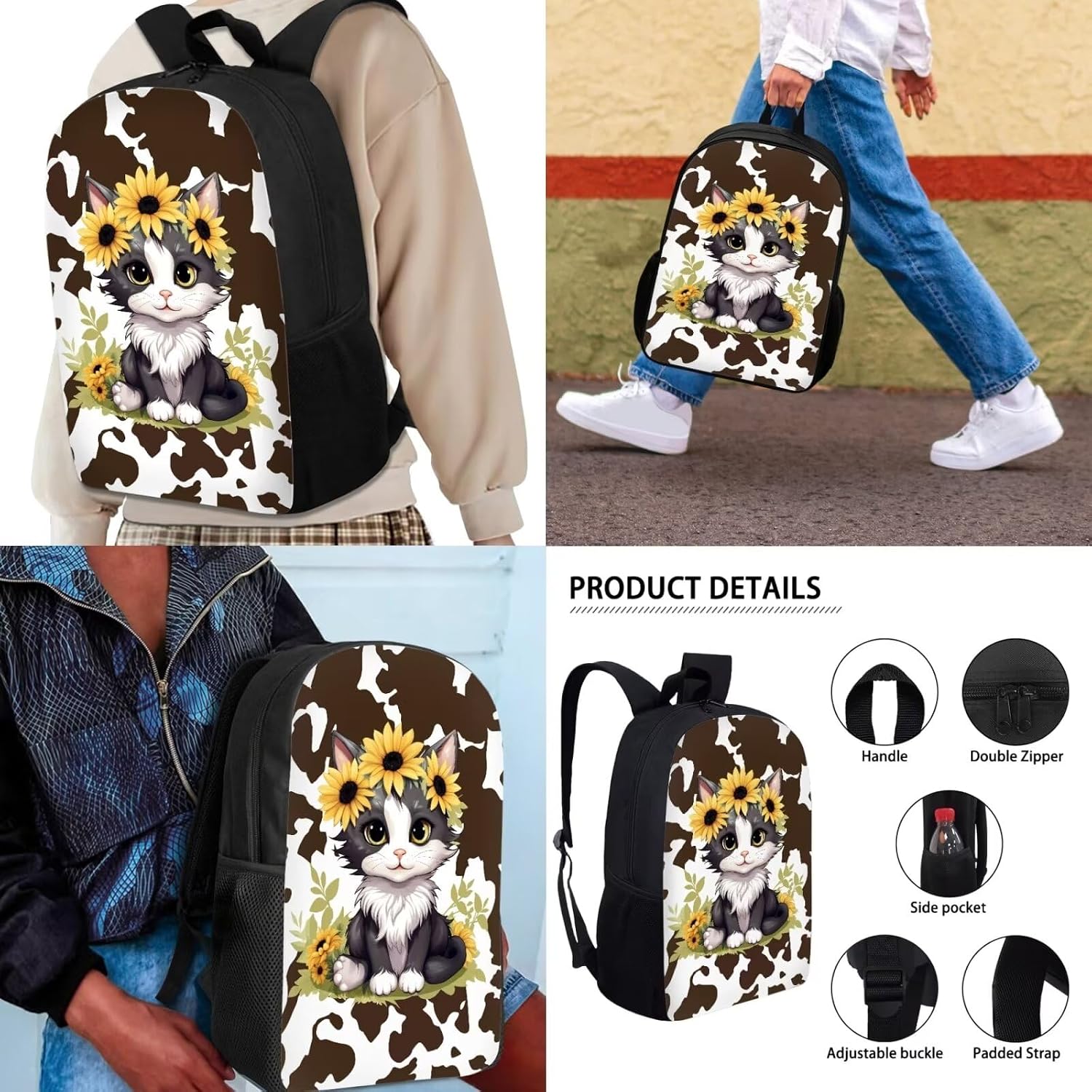 JEOCODY Cute Cat Kids Backpack for Girls Boys Sunflower Cow School Bookbag with Lunch Bag Pencil Case Set 3 In 1 for Teens Elementary Middle High School Students,Back to School Gifts