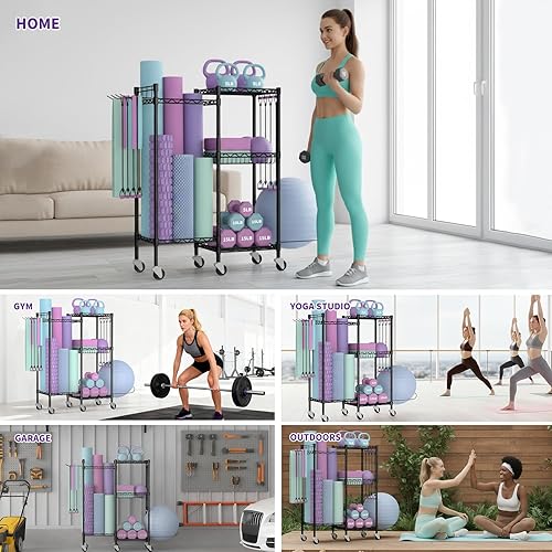 Miniatura 9 de Estante para mancuernas, almacenamiento de gimnasio en casa con ruedas de bloqueo y 4 ganchos, equipo de entrenamiento ajustable de 3 niveles para