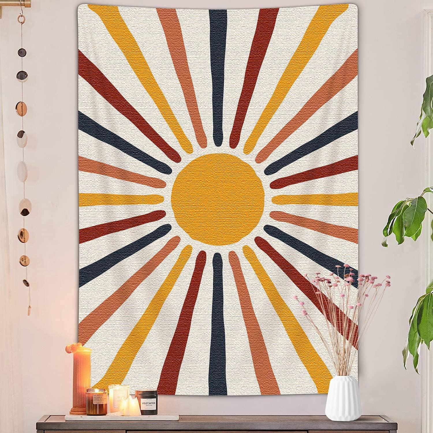 JAWO Boho Sun and Moon Vertical Tapestry, Vintage Abstract Rainbow Aesthetic Tapestry Wall Hanging for Bedroom, Retro 70s Mid Century Modern Art Tapestries Poster Blanket College Dorm Decor (40"X60")