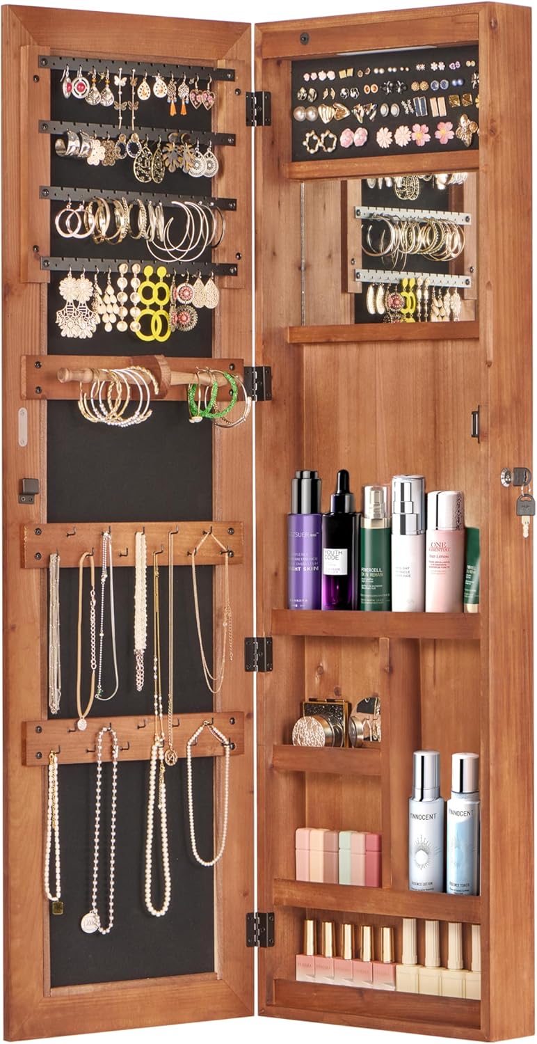 Jewelry Armoire Organizer with Full-Length Mirror: Wall-Mounted Lockable Solid Wood Cabinet with LED Light & Multiple Compartments - For Women's Bedroom Vanity & Closet Jewelry Storage Org